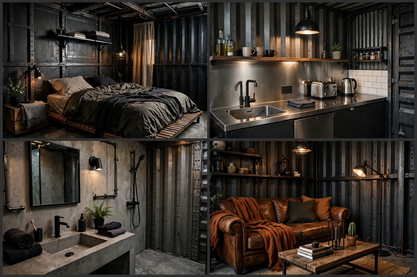 Four interior views of an industrial loft container: bedroom, kitchenette, concrete bathroom and lounge