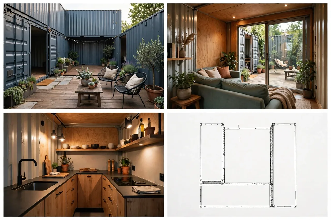 Four-panel grid: central deck courtyard with patio furniture, warm narrow living room facing the courtyard, compact container kitchen, and a text-free line-art top-down U-shaped plan.