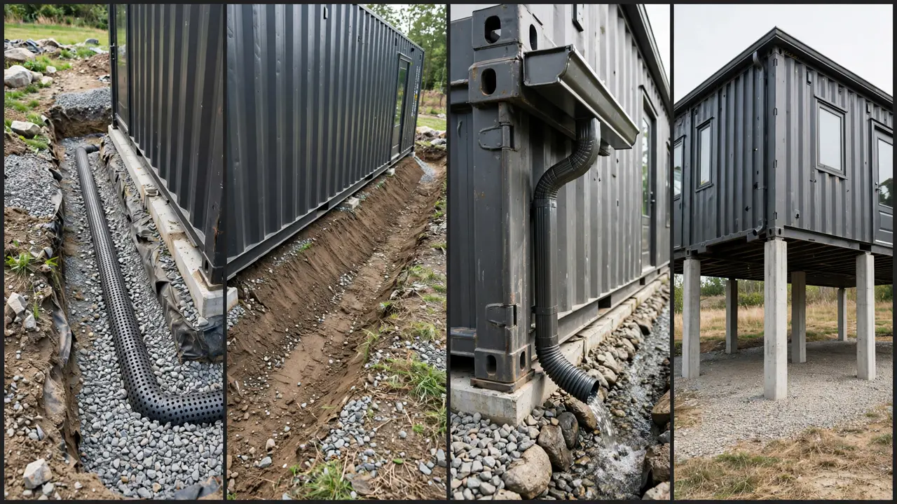 Drainage details: french drain trench beside container, graded soil sloping away, gutter downspout directing water away, container raised on tall concrete piers