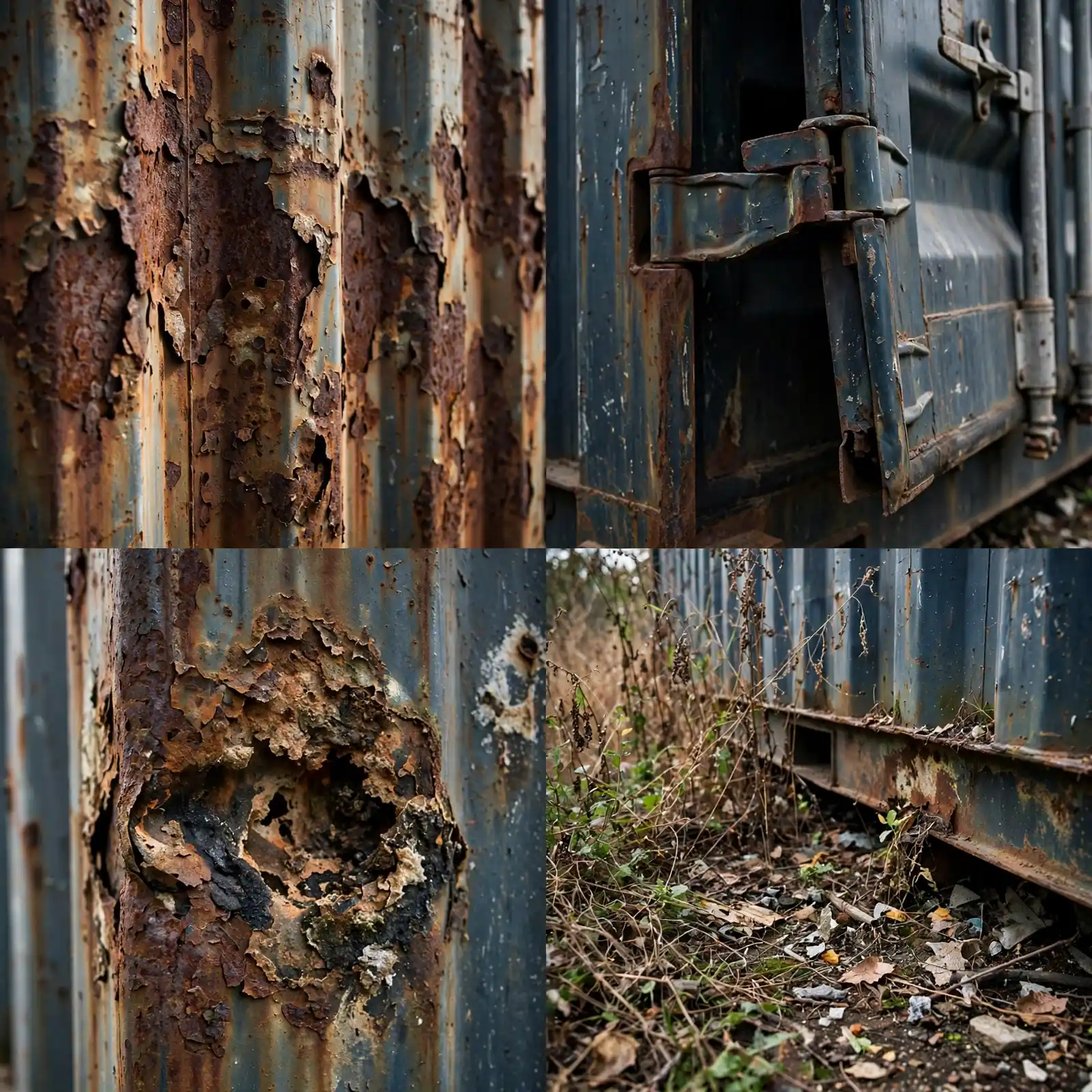 Detail collage of rust holes, bent door hinges, a rotted wall section and weeds at the container base
