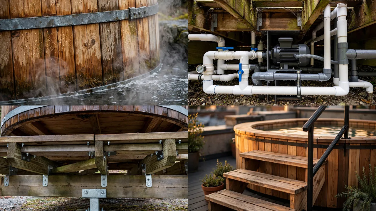 Close-up details of hot tub staves, plumbing, reinforced framing, and access steps