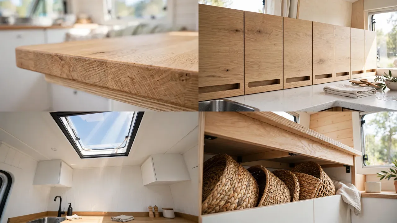 Close-up details of oak countertop, handleless cabinets, skylight and storage baskets