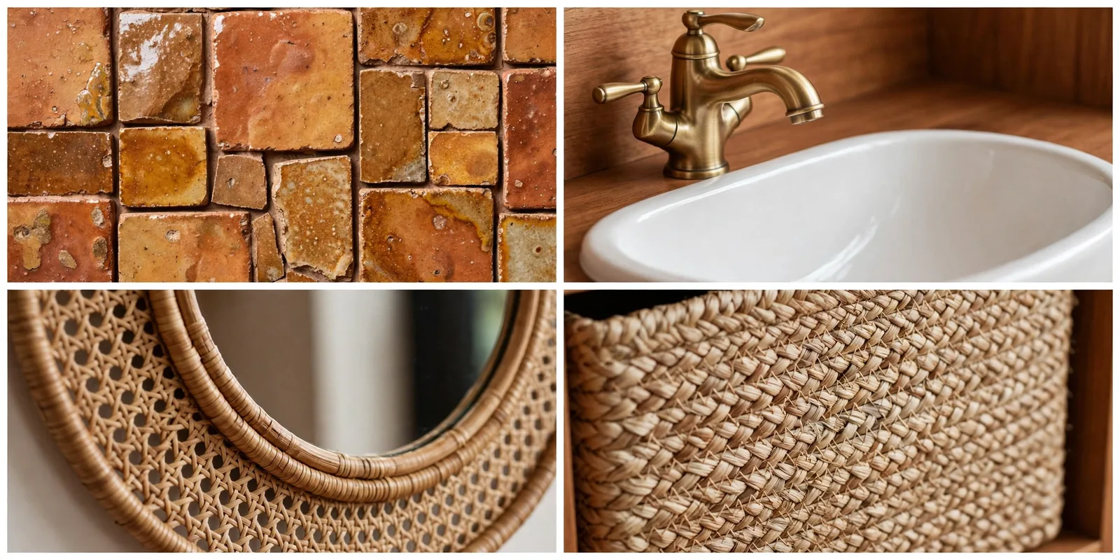 Detail collage: terracotta tile, brass faucet, rattan mirror, woven basket