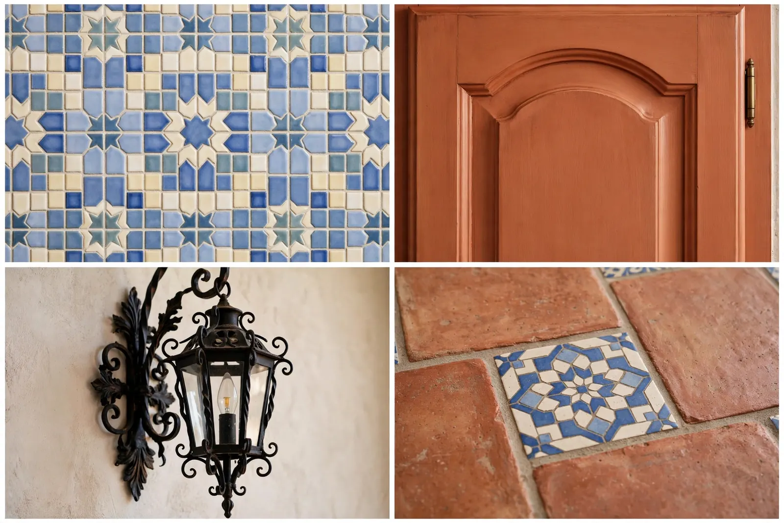 Four close-up detail shots in a 2x2 grid: a blue-and-cream mosaic tile pattern, a terracotta cabinet door with an arched raised panel, an ornate black wrought-iron wall lantern, and terracotta floor tiles with a patterned inset tile.