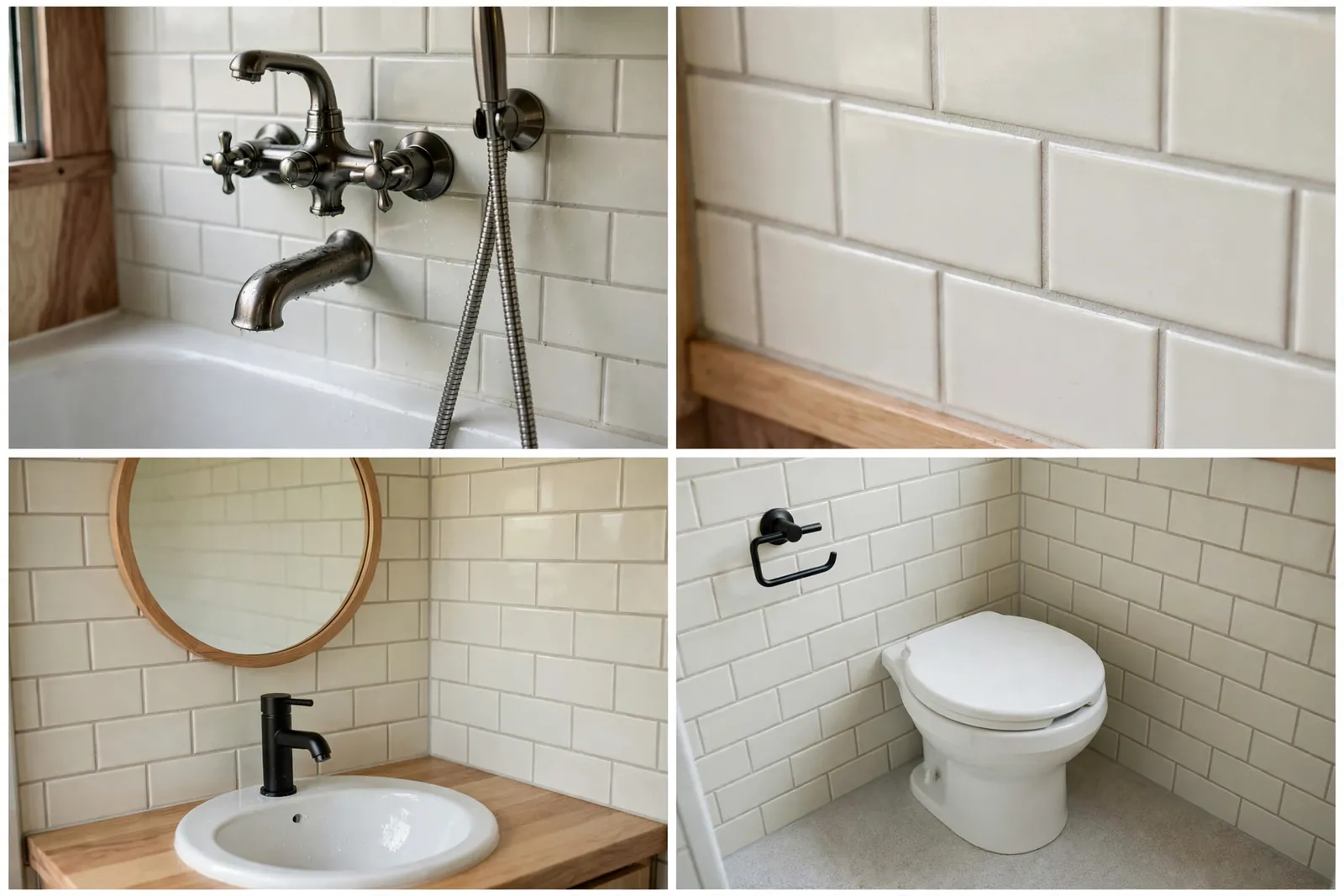 Wet bath details: tub faucet, tile wall, vanity mirror, compact toilet