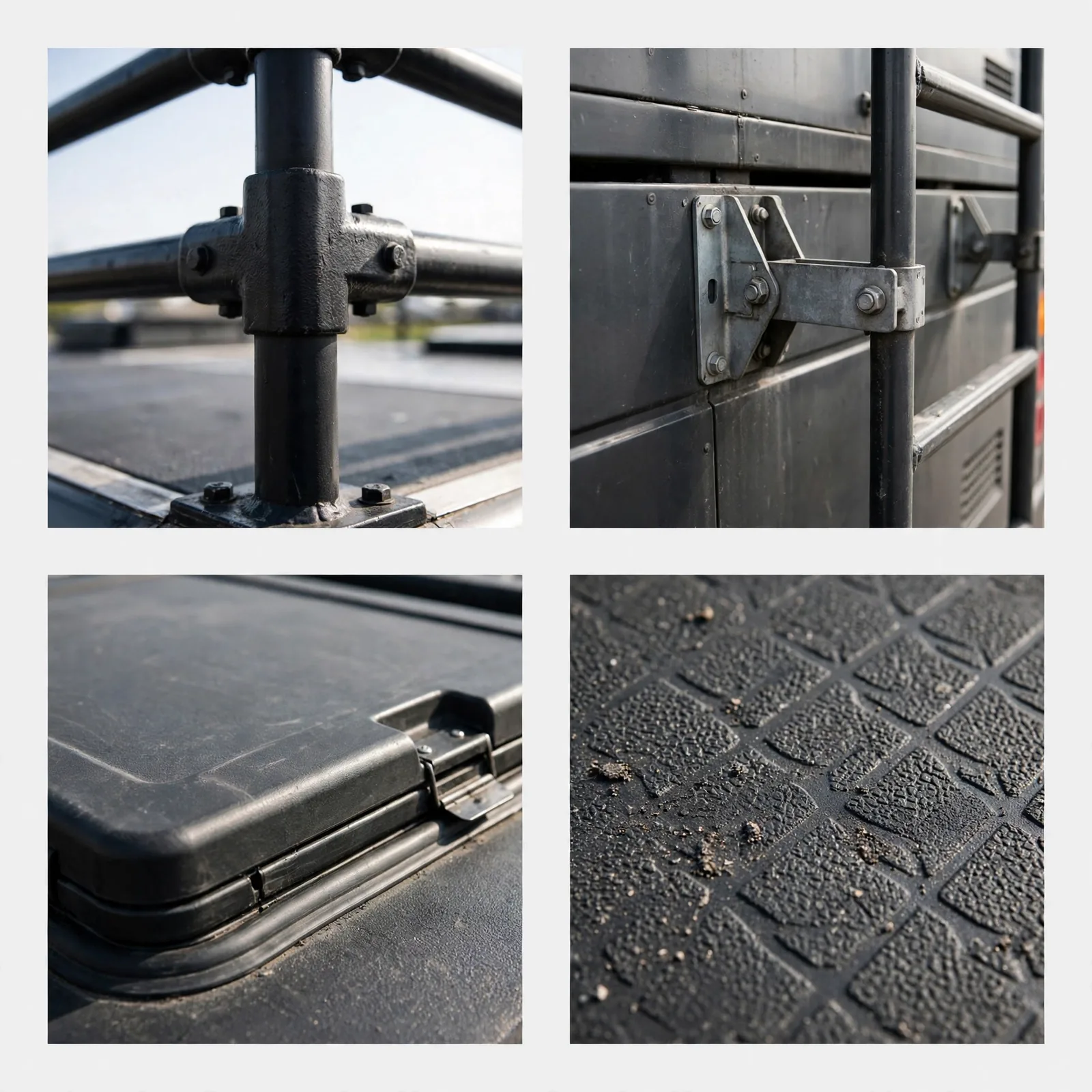 Four-panel collage: hammock post bracket, hammock end loop, deck plank texture, ladder top hook