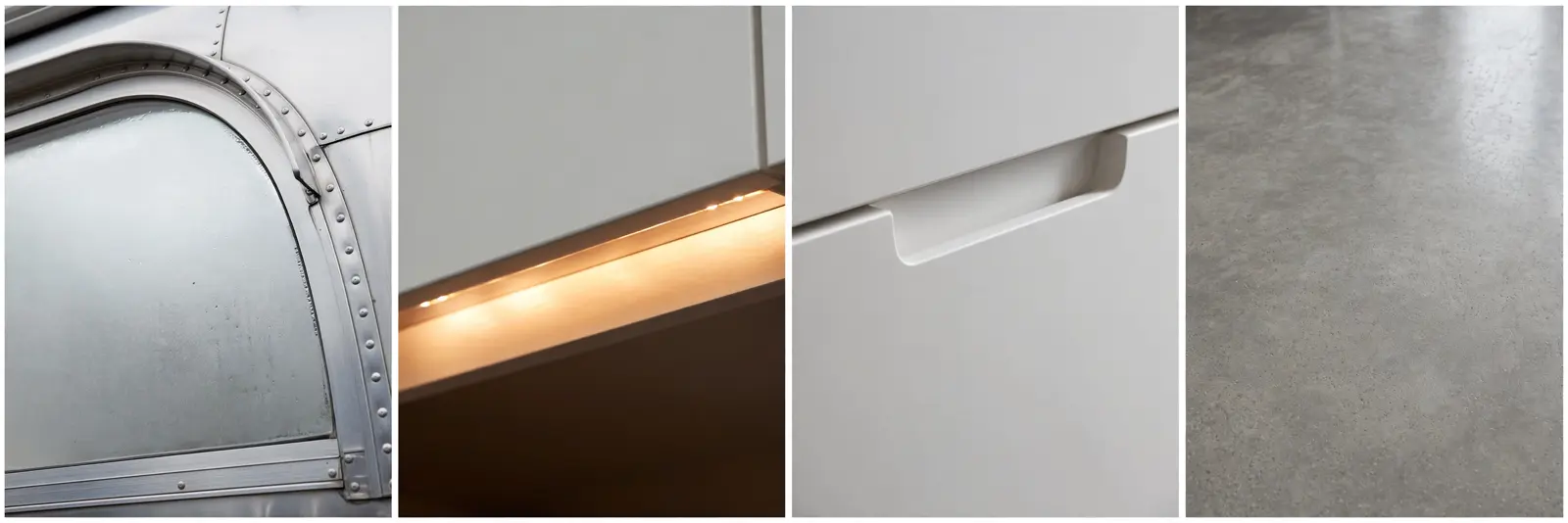 Four detail panels: skylight set in aluminum roof, LED strip under cabinet, white cabinet with finger pull, concrete-look floor