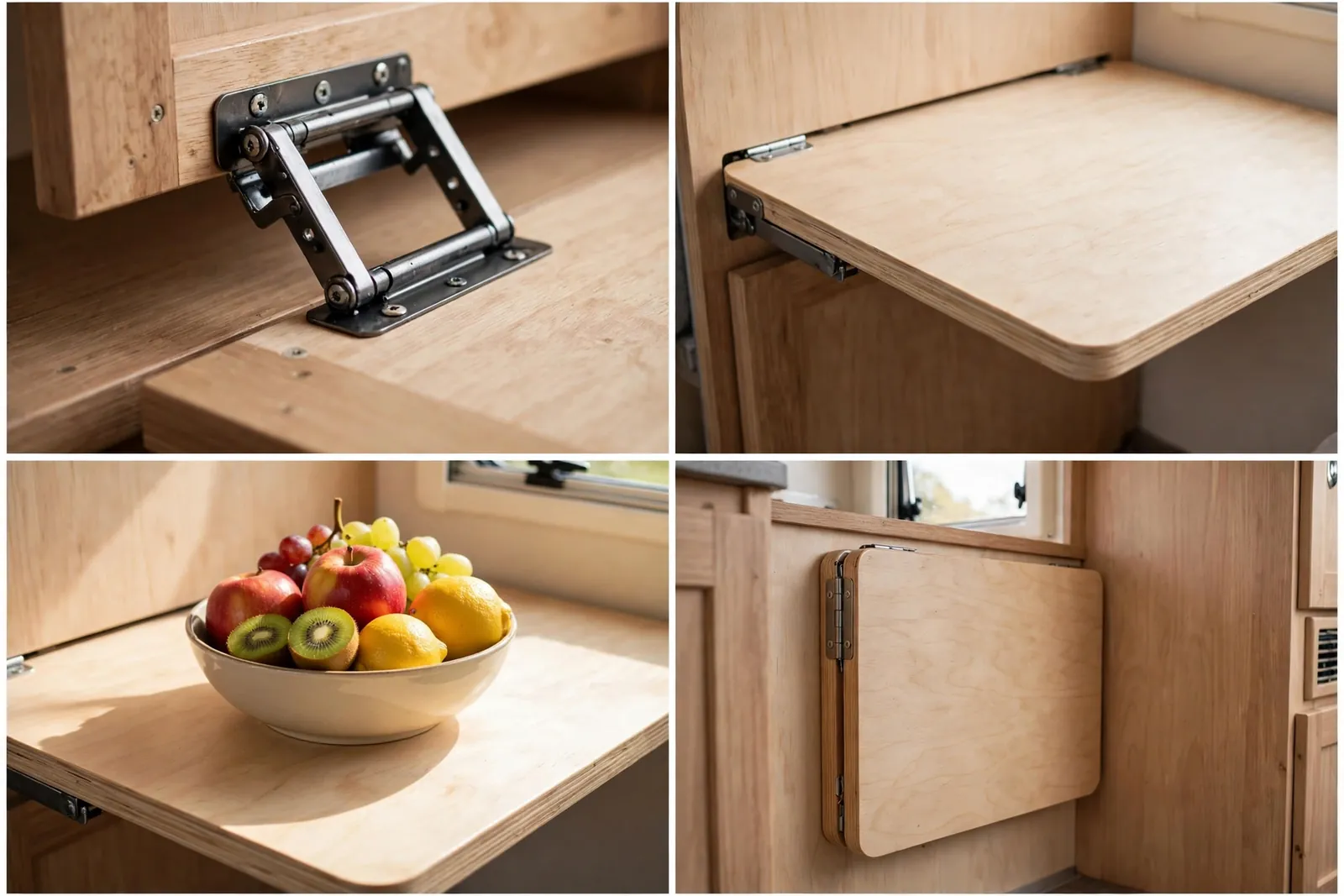 Detail collage: fold-down hinge bracket, extension surface, bowl of fruit, folded-down position against the wall