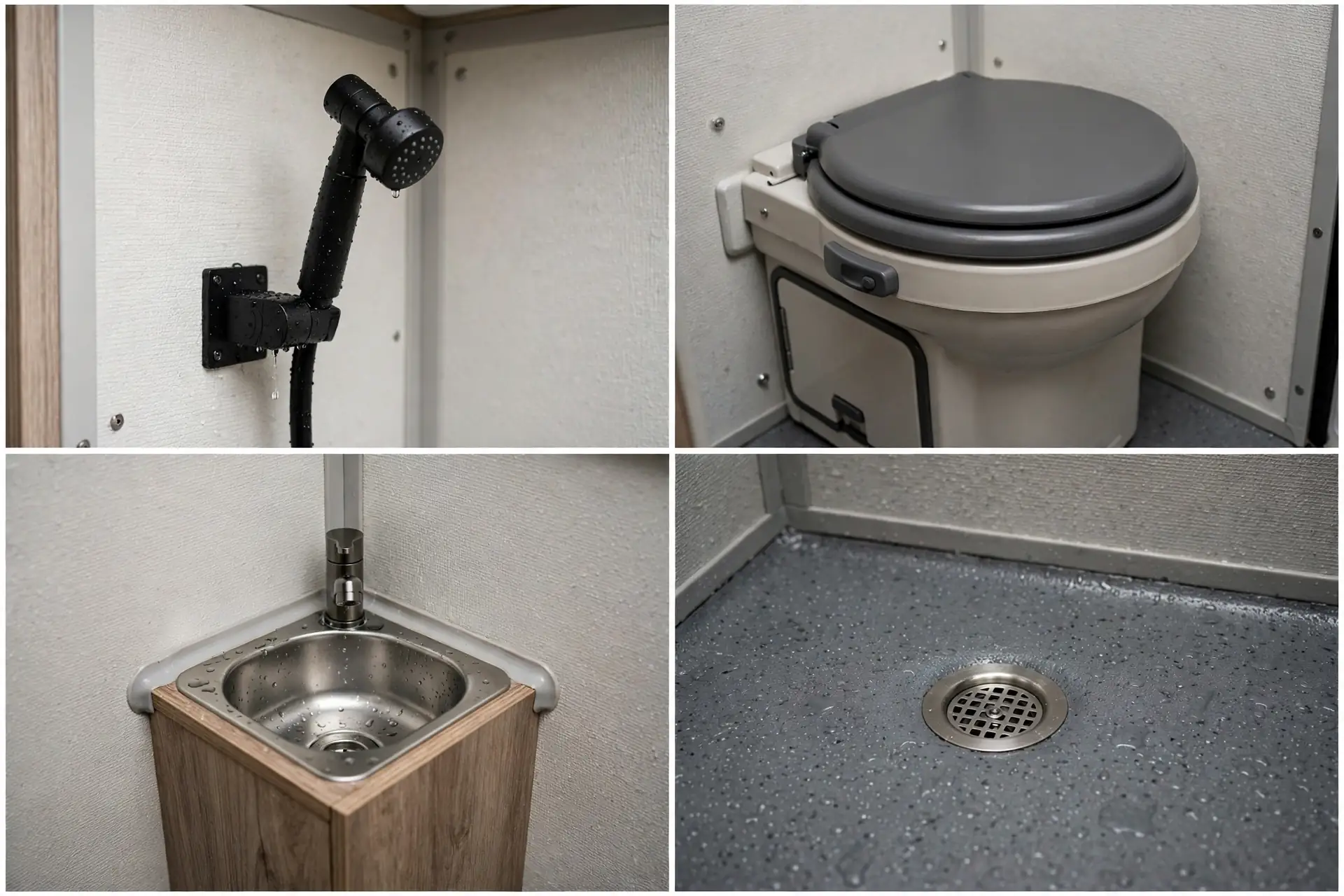 Close-up details of a micro camper van wet bath: wall shower head, cassette toilet, corner sink and floor drain
