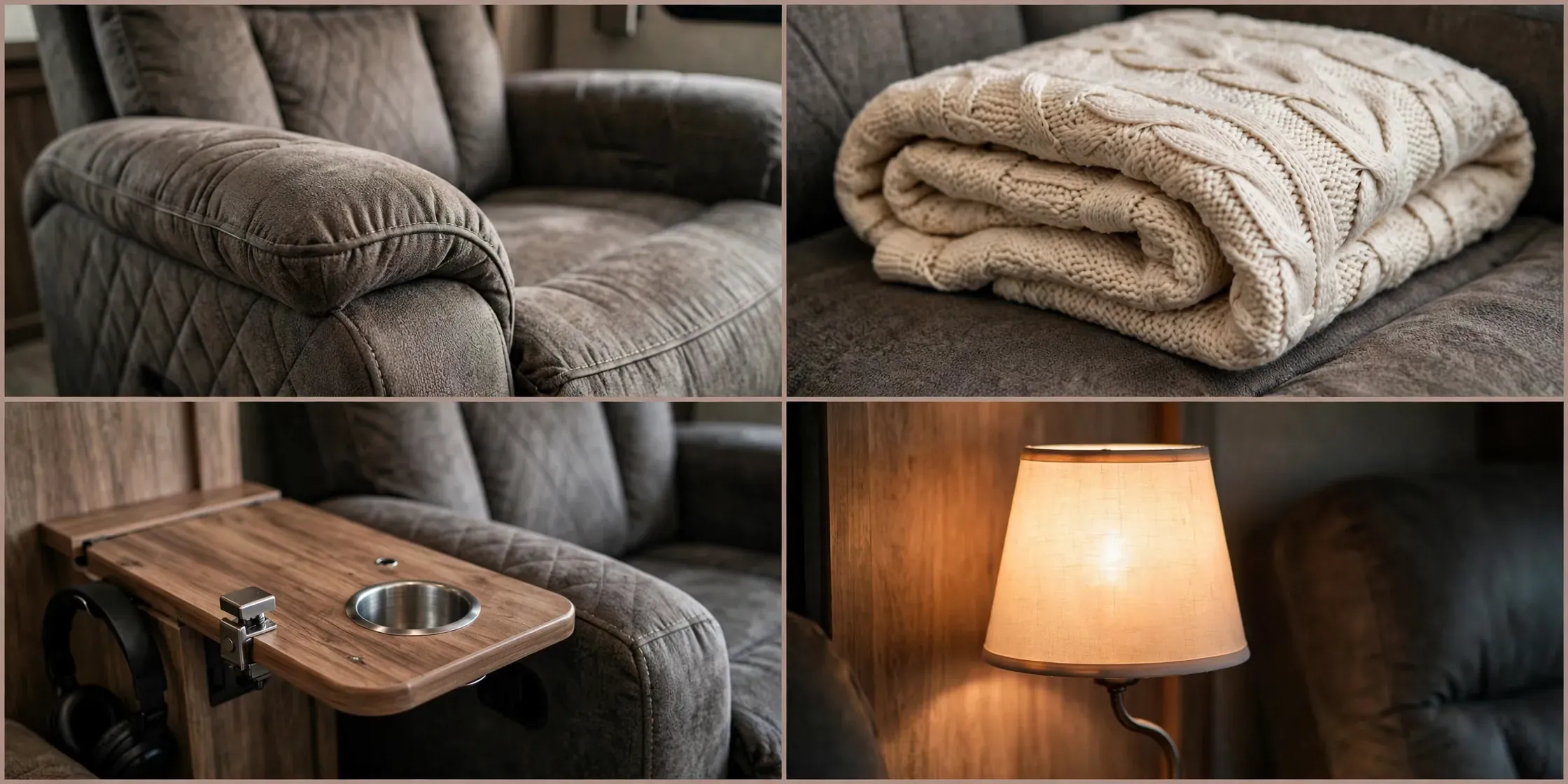 Close-up details of the RV theater recliner corner: recliner upholstery, folded blanket, side table and lamp light