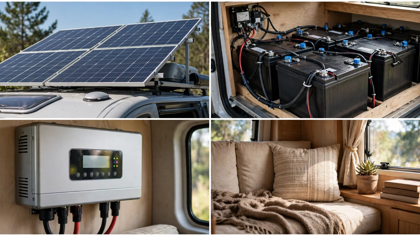 Four-panel detail collage of the Solitude Solar Sprinter showing solar panels, battery bank, inverter and reading nook