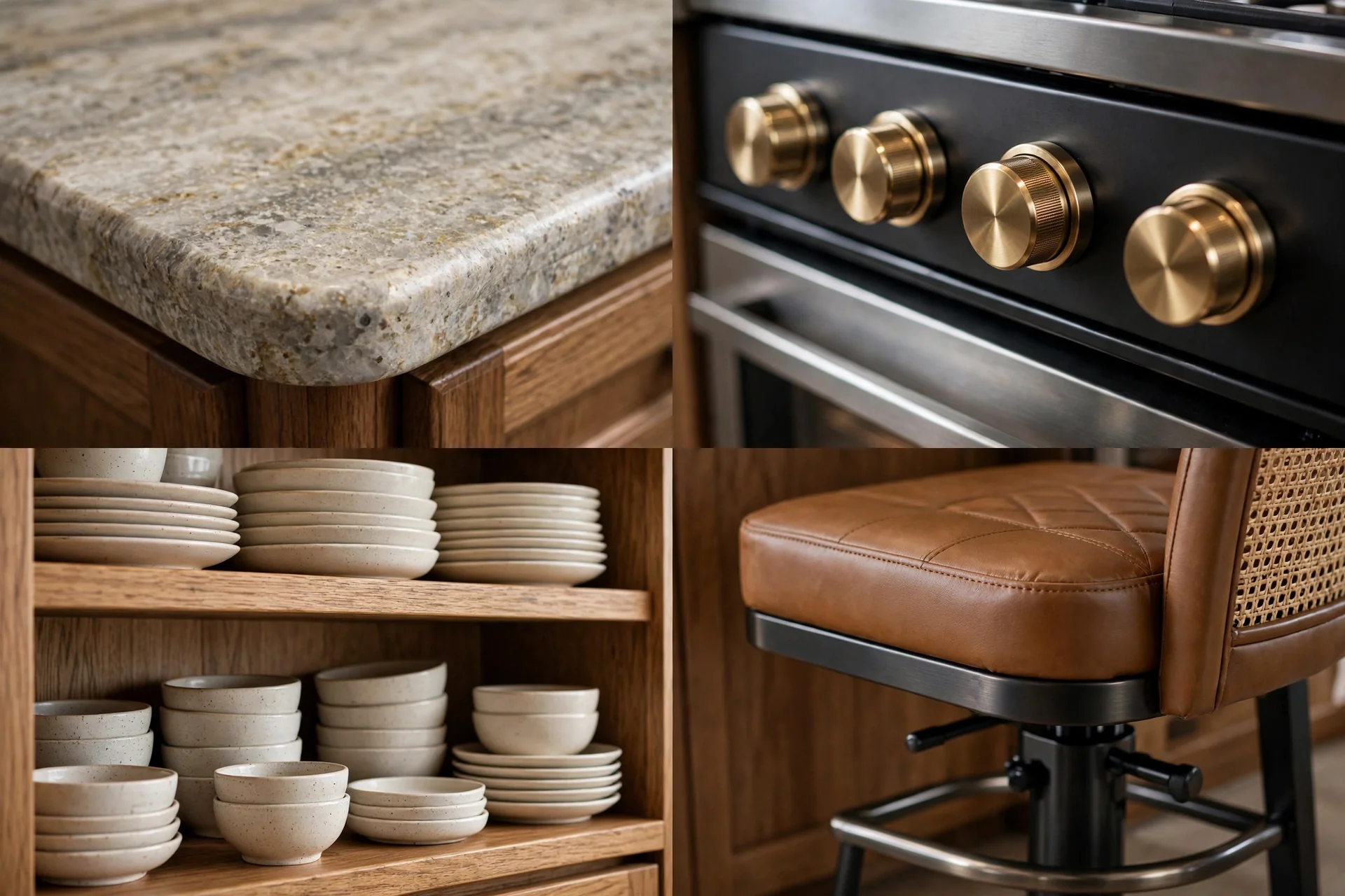 Detail collage of stone island top, range knobs, open shelving and bar stool