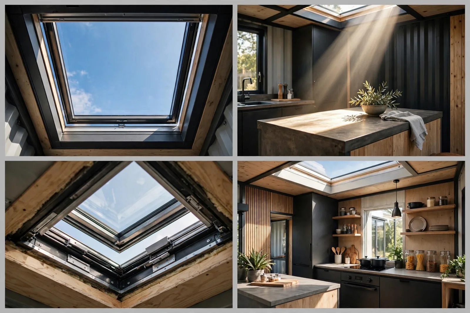 Four-panel collage of the skylights: looking up at blue sky, sunbeam on the island, frame close-up, glowing kitchen