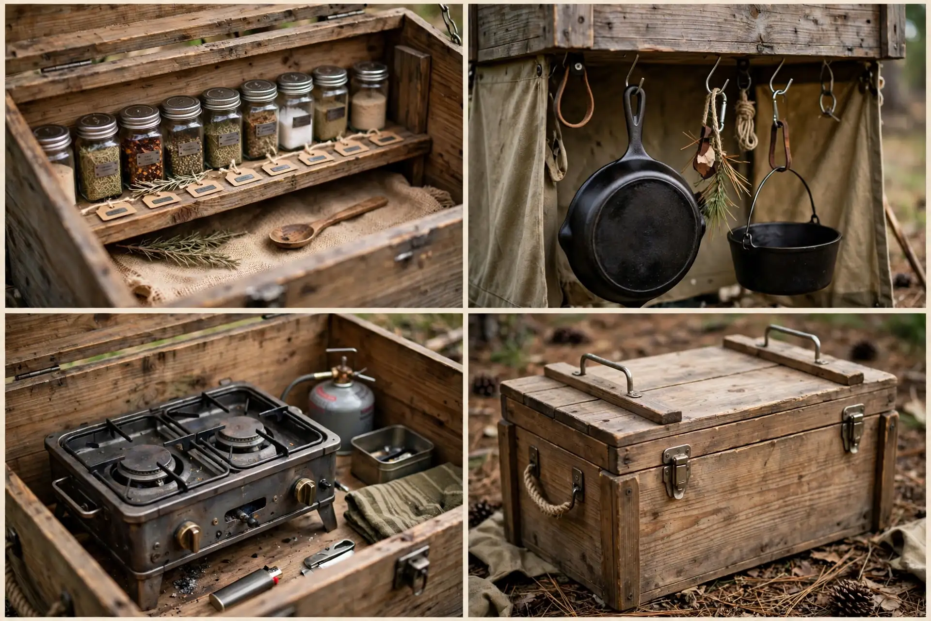 Detail collage of the chuck box kitchen: spice shelf, hanging pots, stove, closed box