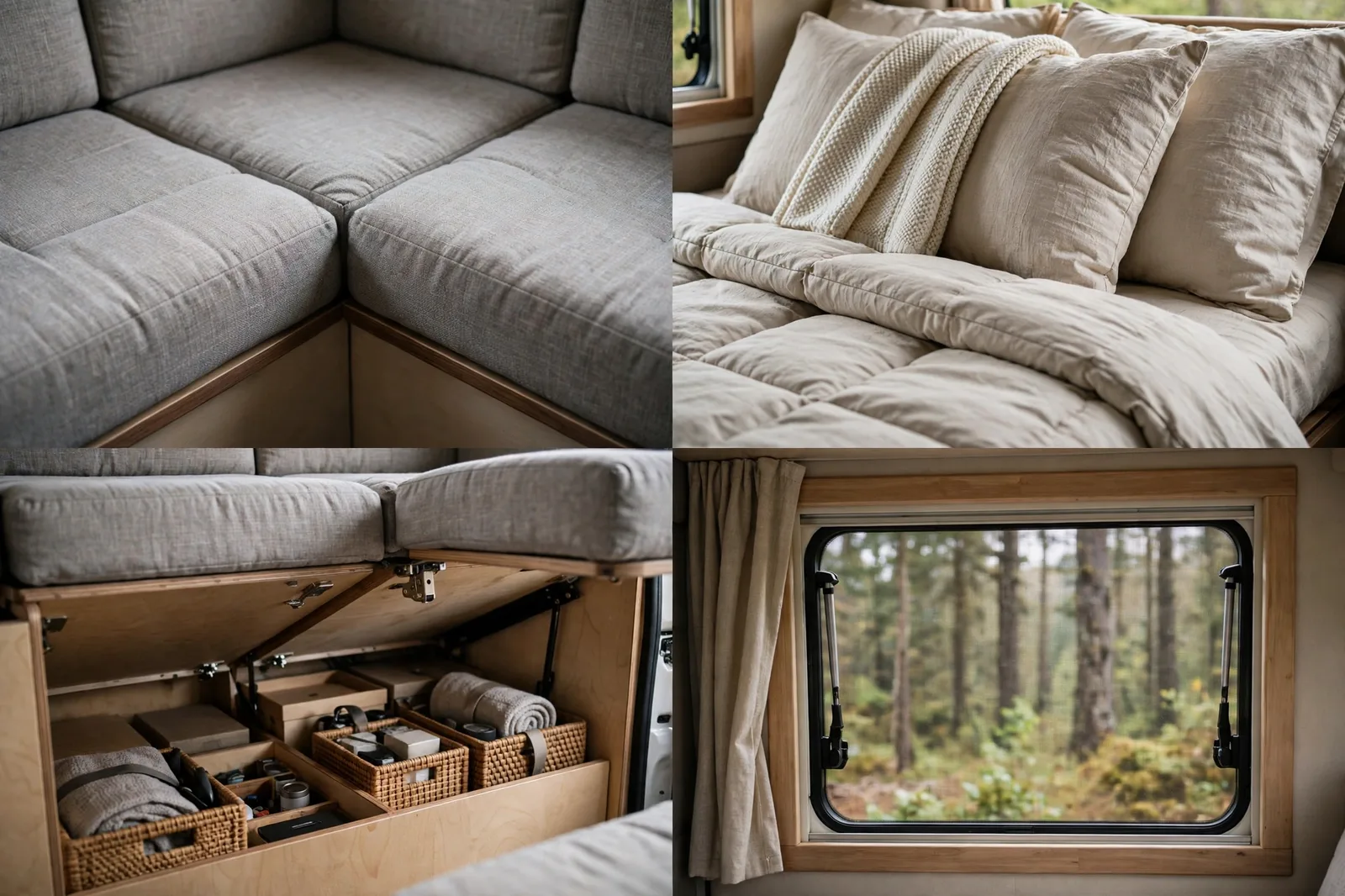 Four detail views of the convertible U-shaped lounge bed: joined lounge cushions, linen bedding and pillows, open under-seat storage with baskets, and a side window view over woodland