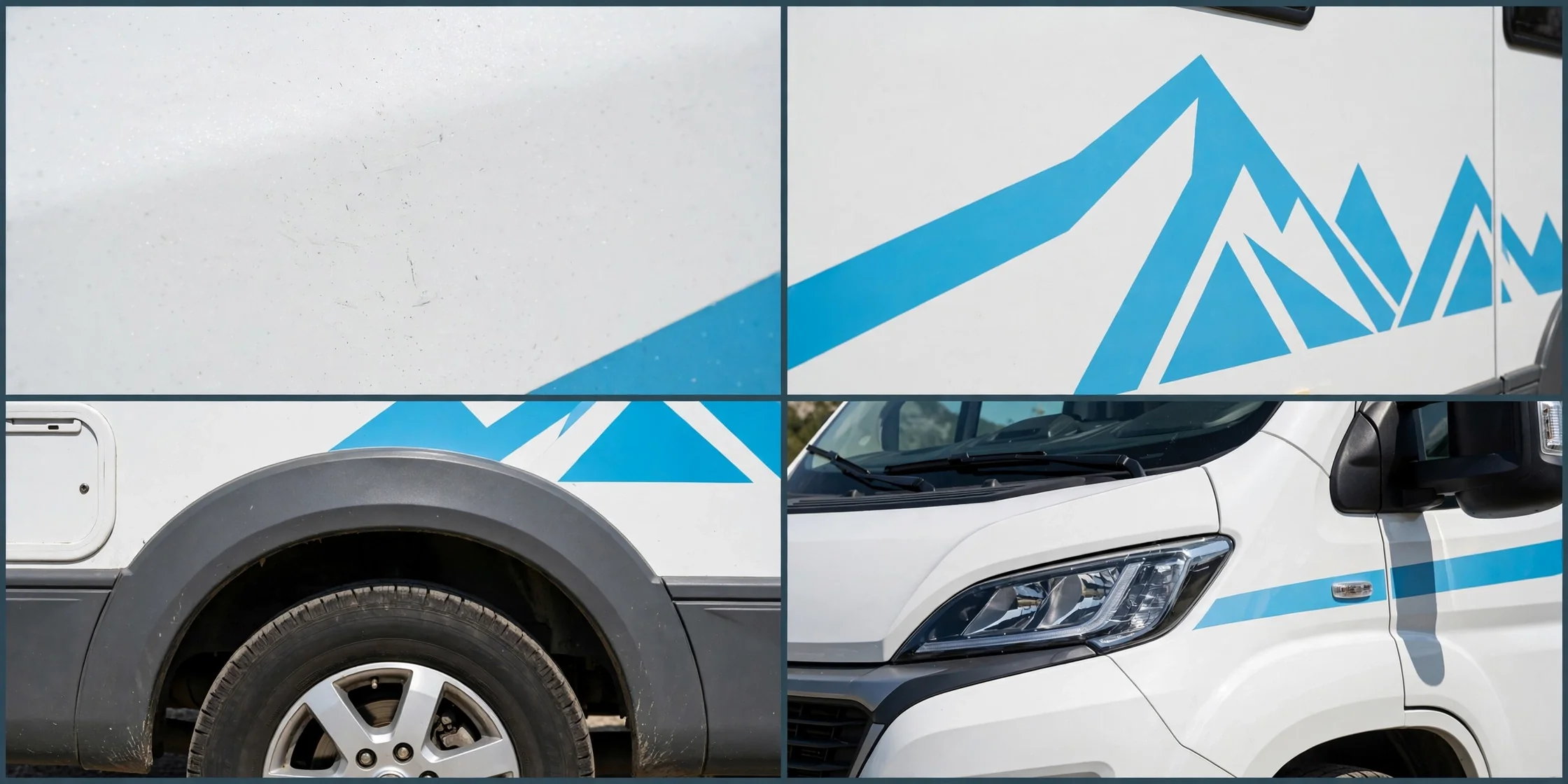 Four-panel detail collage of the alpine white and sky blue motorhome design