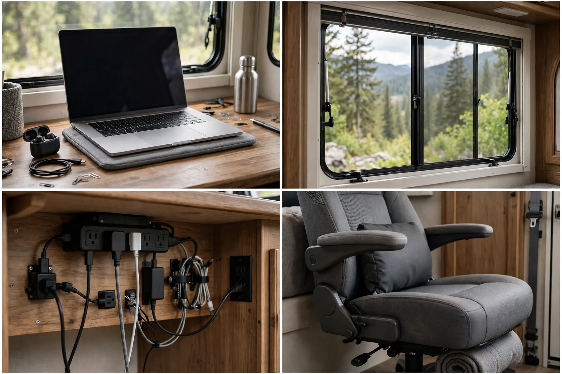 Four-panel detail collage of the RV window-facing panorama desk showing the laptop desk surface, the panoramic window view, power and cable setup, and ergonomic chair
