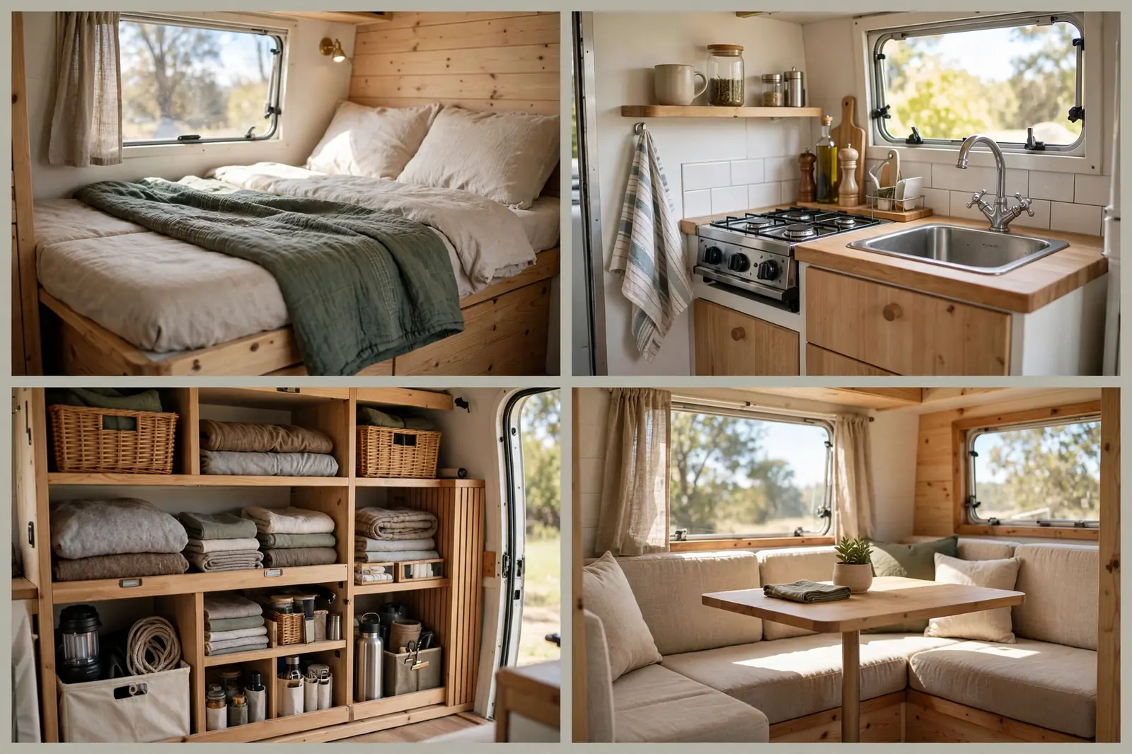 Four-panel collage of a tiny camper trailer interior showing the bed, kitchenette, storage shelves, and dinette seating