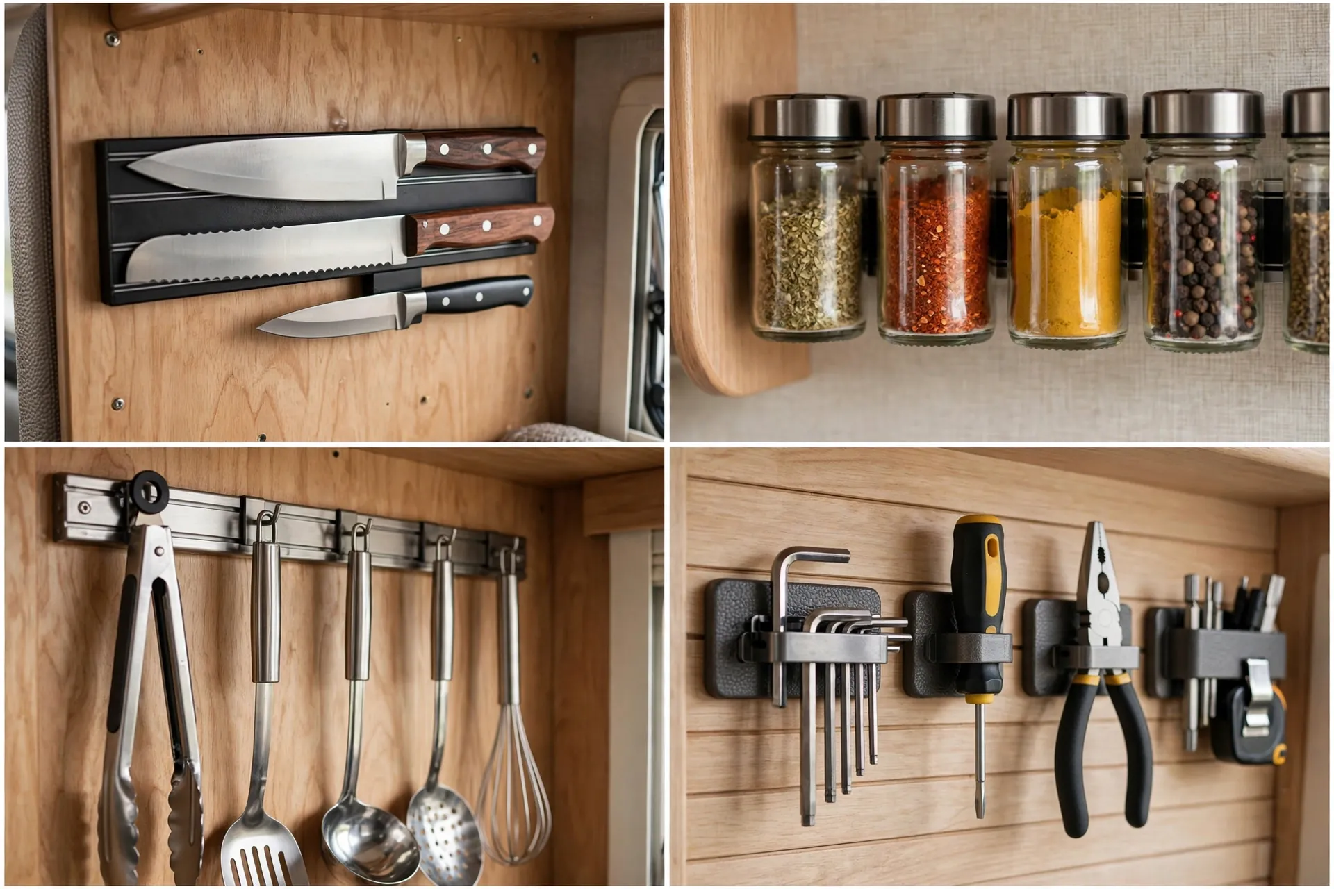 Close-up details of magnetic storage in an RV: magnetic knife strip, spice jars, utensil rail and tool holders