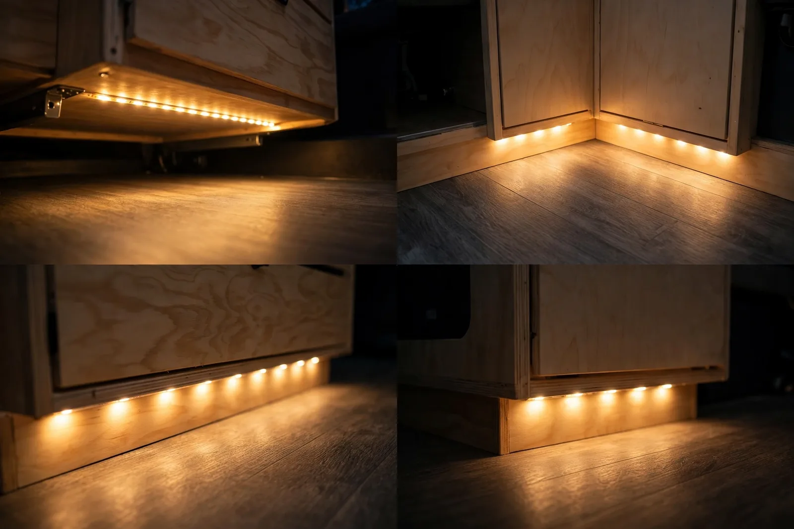 Four-panel detail collage of warm toe-kick LED lights at the base of camper van cabinets showing light washing across the floor and the strip under the cabinet edge at night