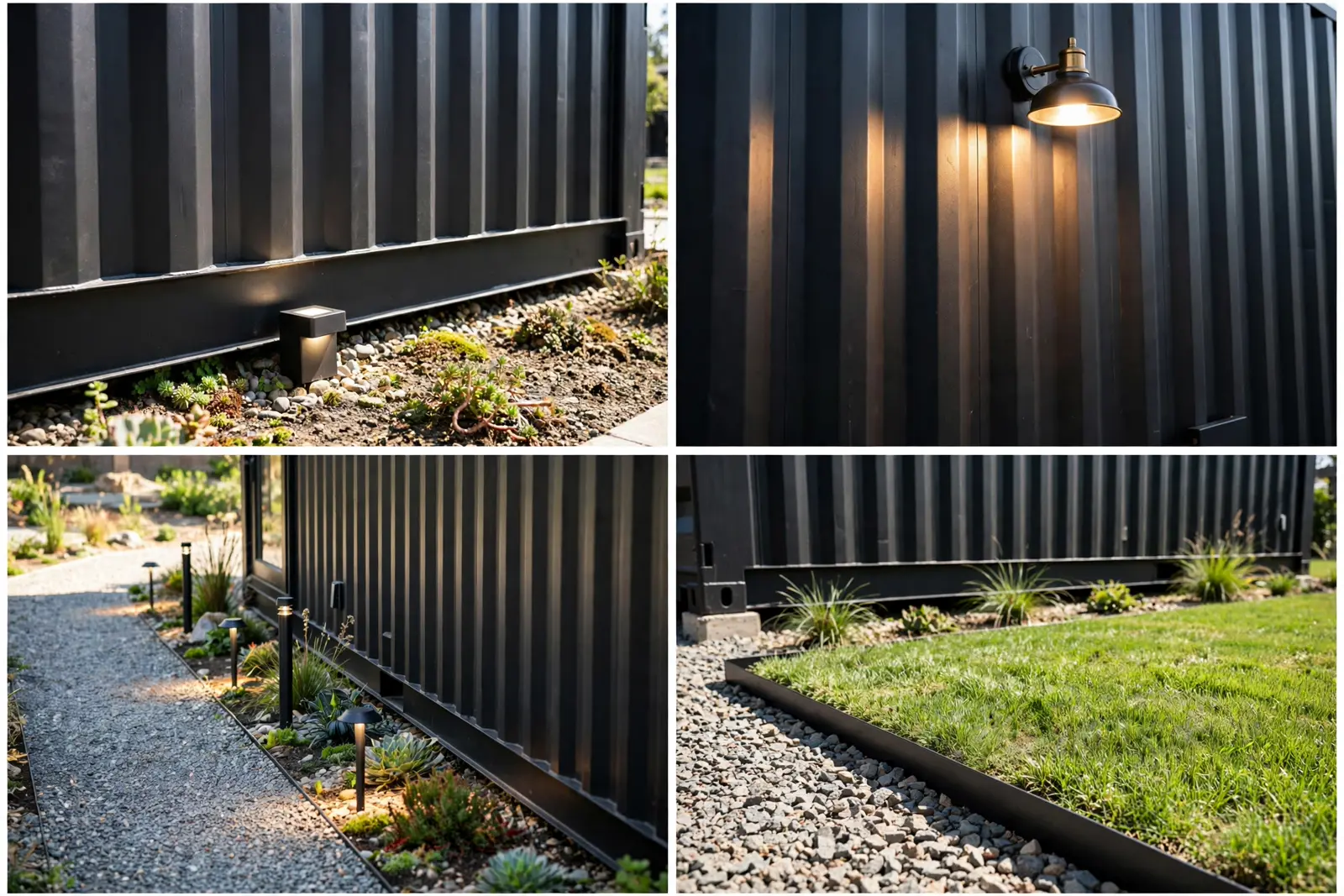 Four-panel collage: uplight fixture at wall base, warm light on black steel, lit gravel path edge, lawn edging detail