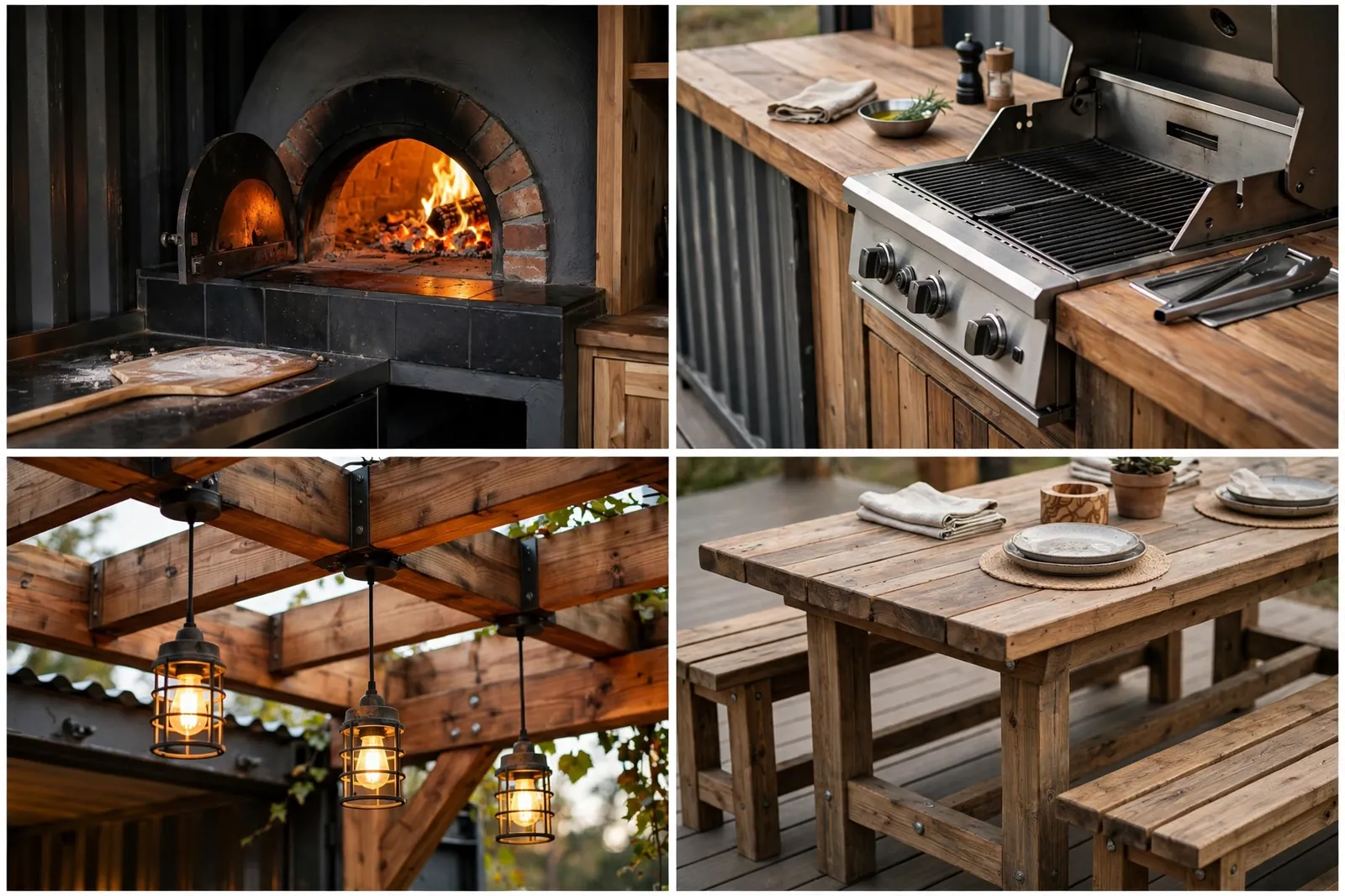 Four-panel collage: pizza oven, grill counter, pergola lights, farmhouse table