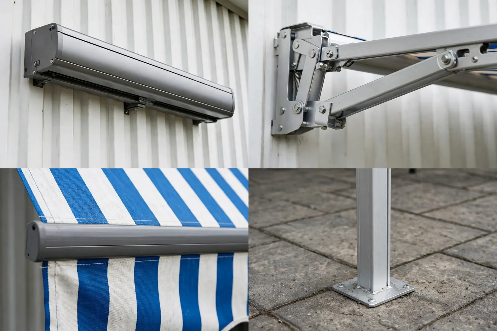 Four detail photos of a retractable awning: the awning cassette box mounted on a white container wall, a folding metal awning arm joint extended, the blue-and-white striped canvas edge with front bar, and a slim support post with a metal foot plate on the patio.