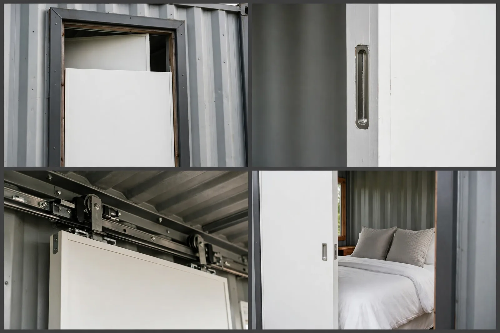 Pocket door details: door recessed into wall slot, recessed pull handle, overhead sliding track, bedroom beyond