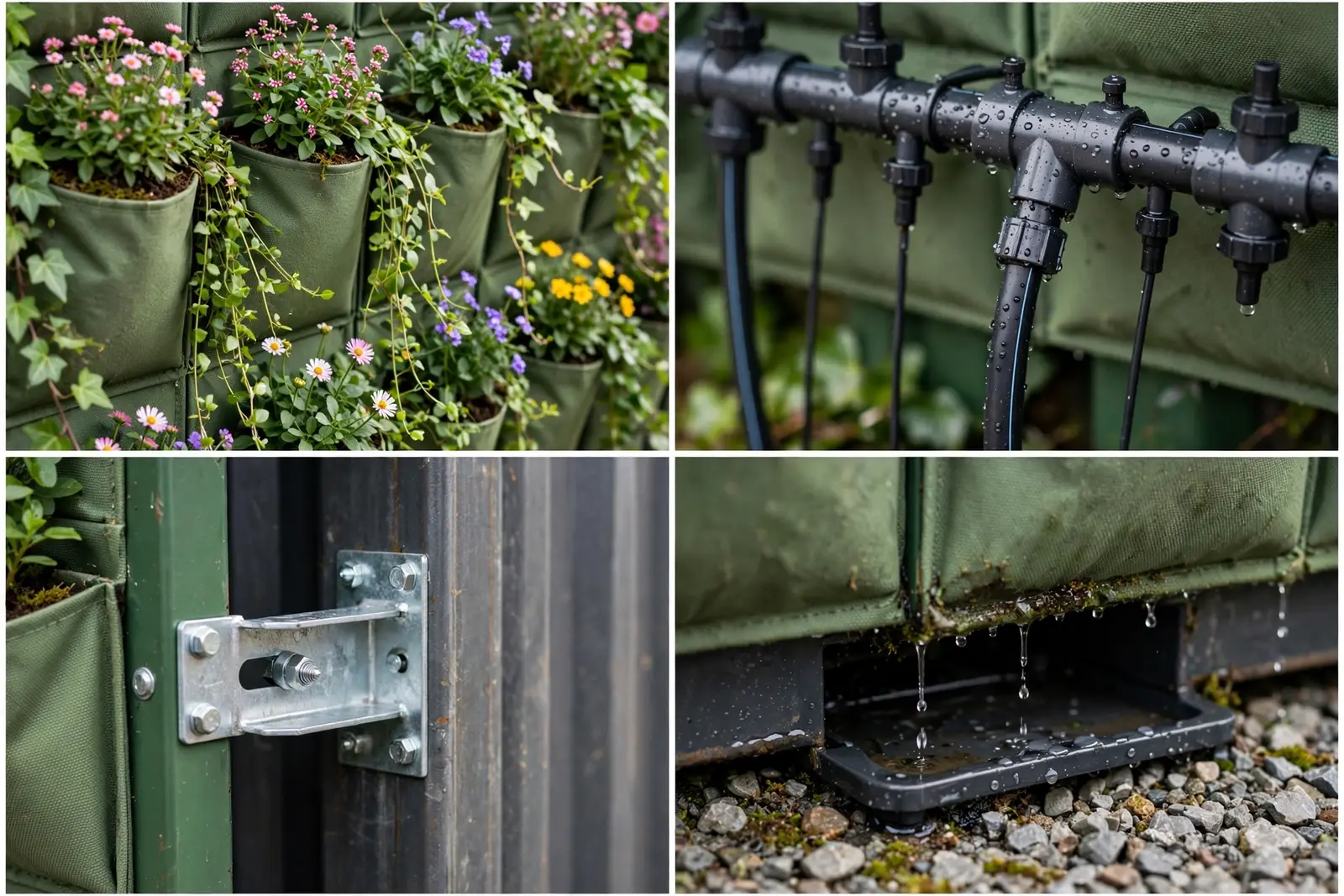 Detail collage of the pocket facade showing fabric planters, drip manifold, standoff bracket and the base drip tray