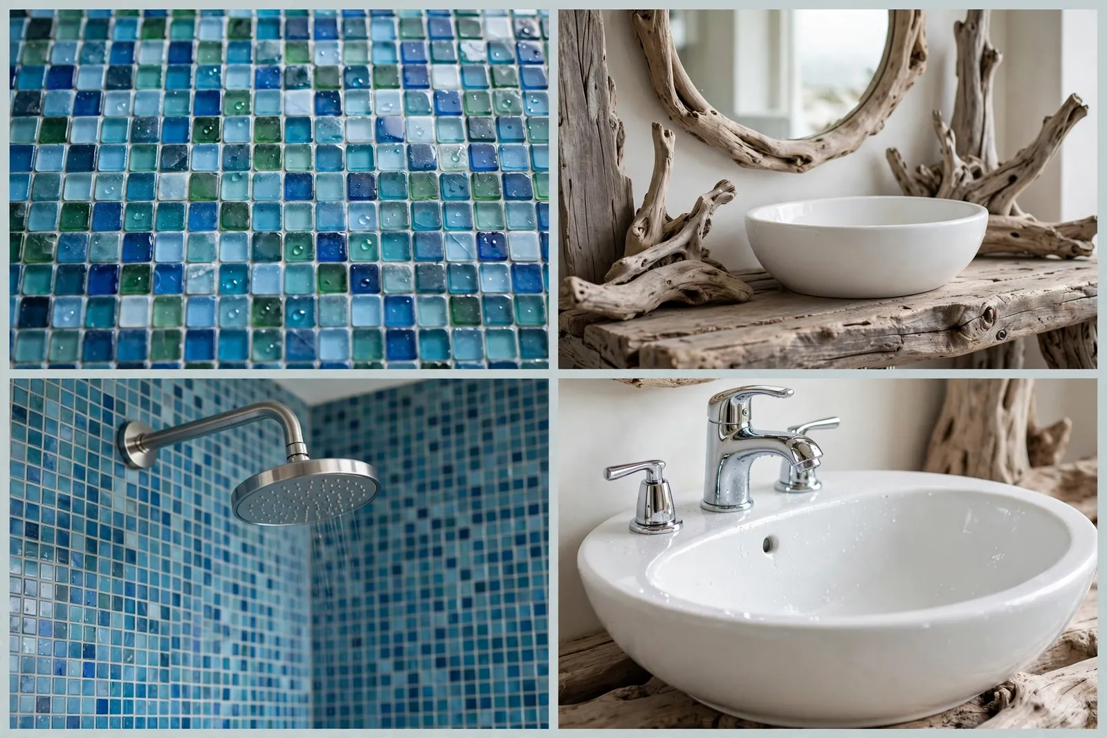 Four-panel collage of coastal bathroom details: sea-glass mosaic tile, driftwood vanity with mirror, rainfall shower and white vessel sink