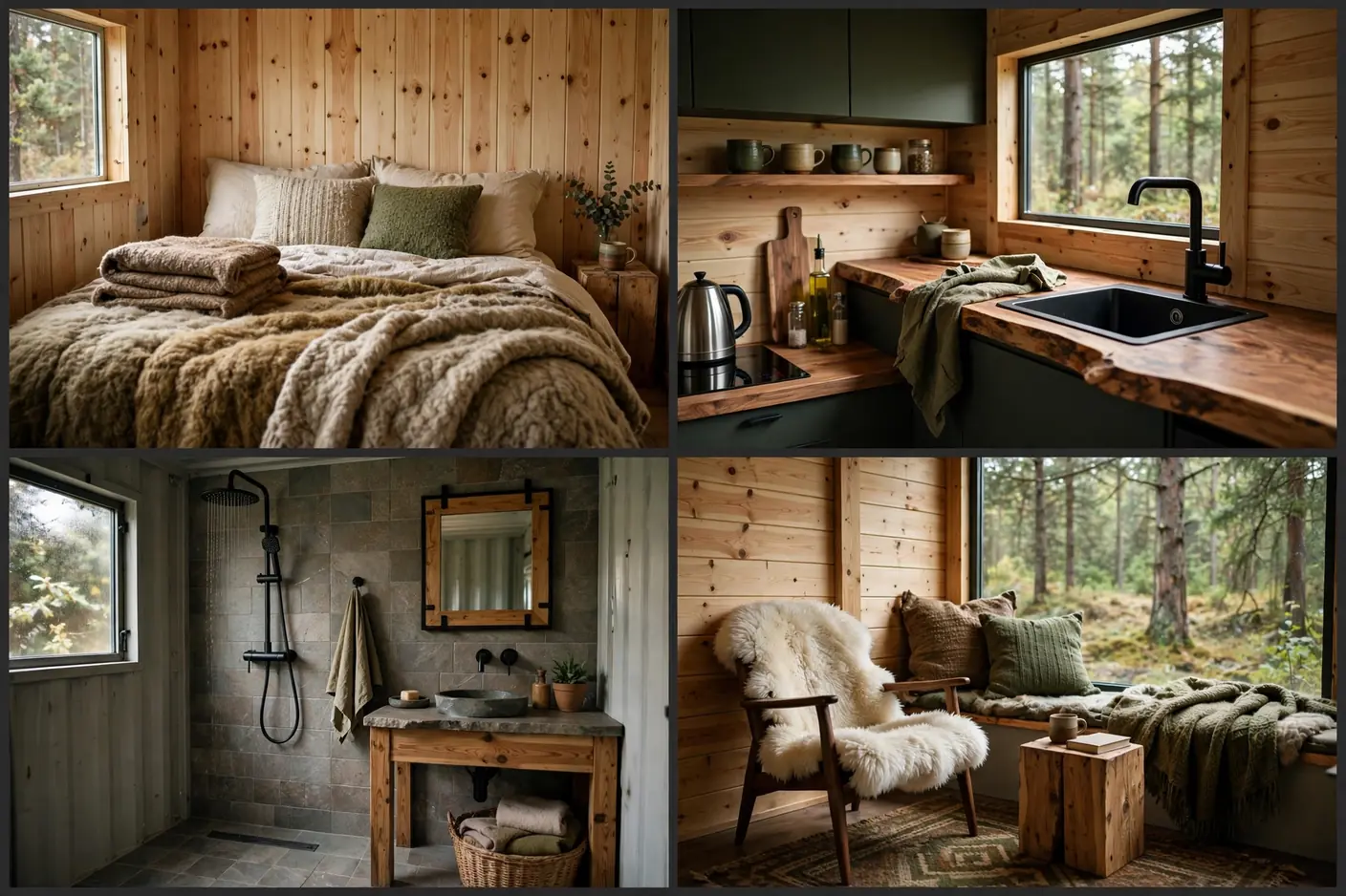 Four interior views of a forest cabin container: bedroom, kitchenette, stone bathroom and lounge