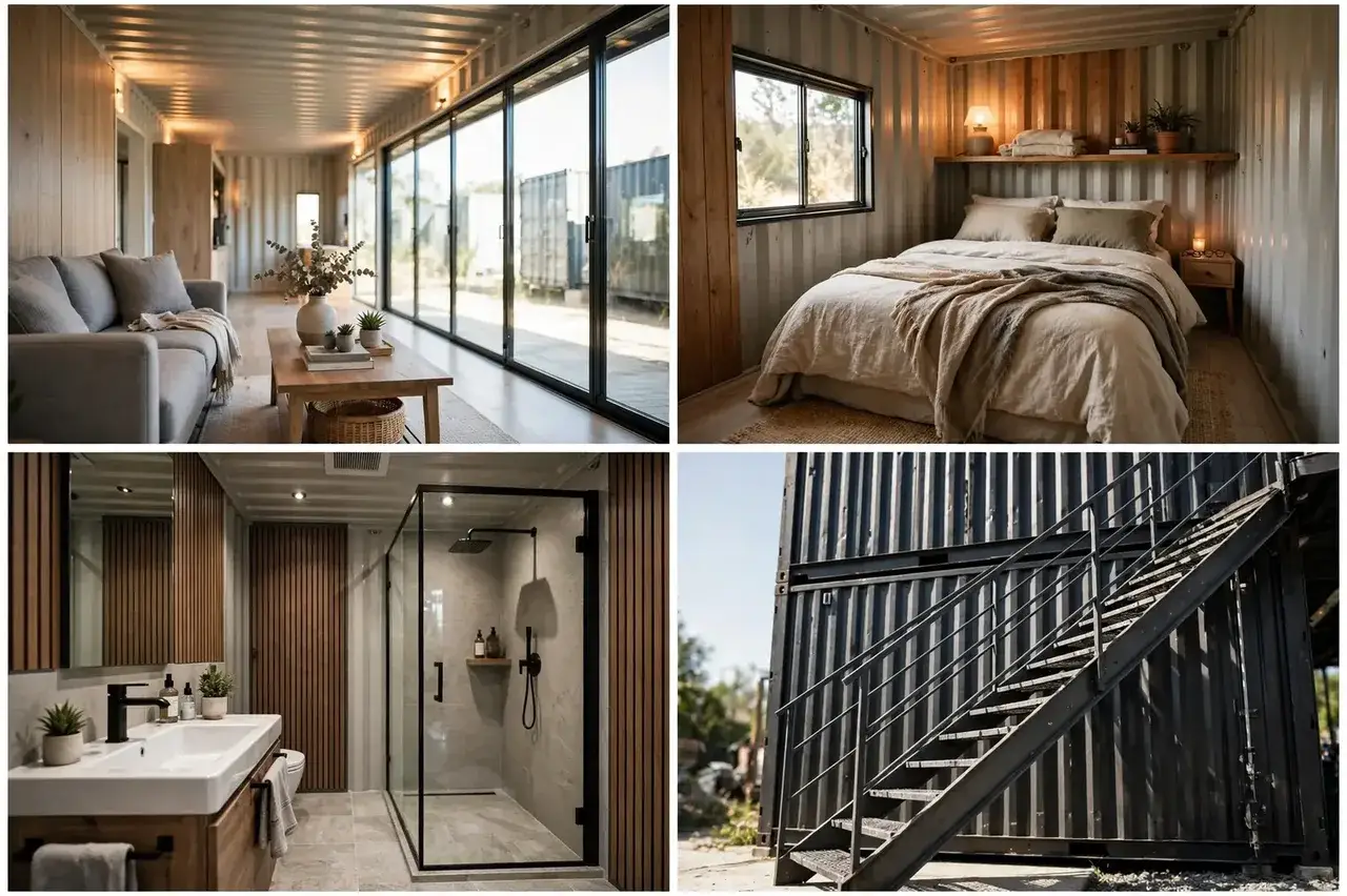 Four-panel grid: bright upper living room with full glass wall, cozy lower bedroom, modern glass-shower bathroom, and an exterior industrial steel staircase detail.