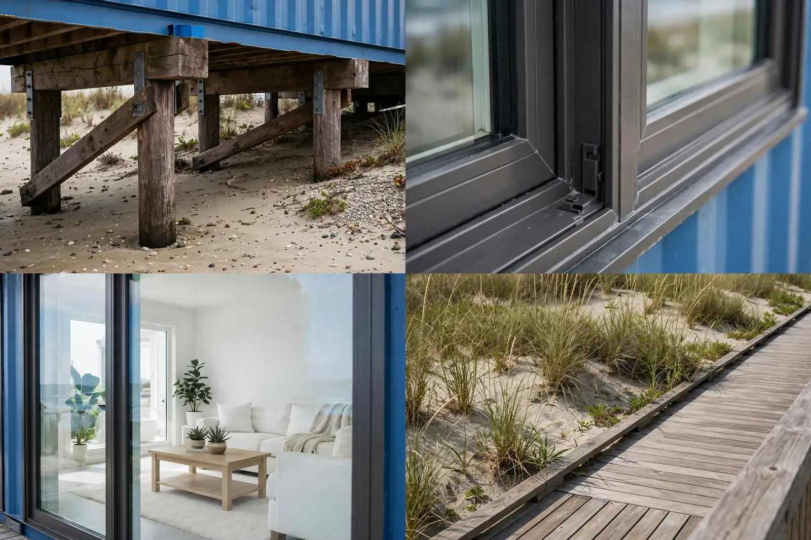 Four close-up detail photos of the blue container beach house: wooden support piers, slim storm-rated window frames, the white living room seen through the glass, and the boardwalk deck with dune grass.