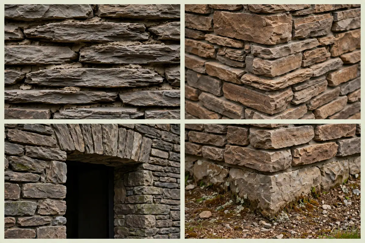 Stone veneer details: stone courses close-up, stone corner, stone around a doorway, and stone foundation base