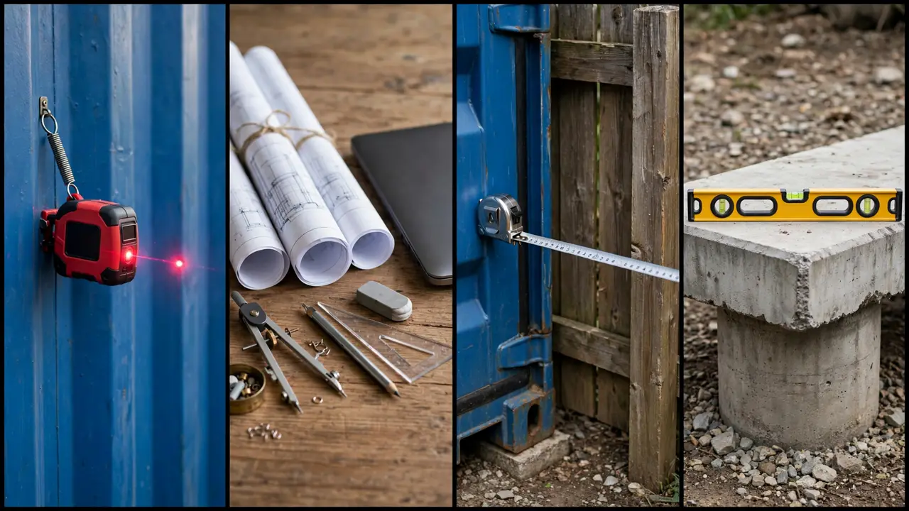 Compliance details: laser measure on container wall, rolled blueprints and drafting tools, tape measure checking setback to fence, spirit level on concrete pier