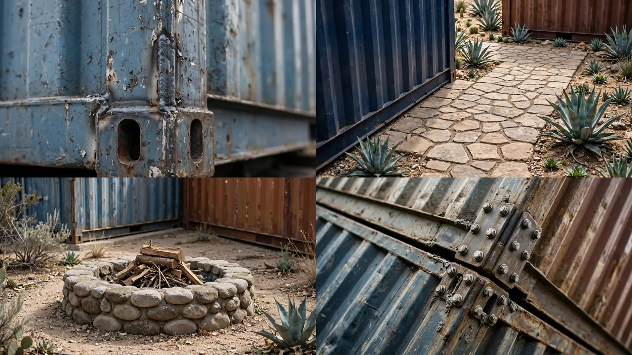 Close-up details of corner castings, paver walkways, fire pit, and container joints