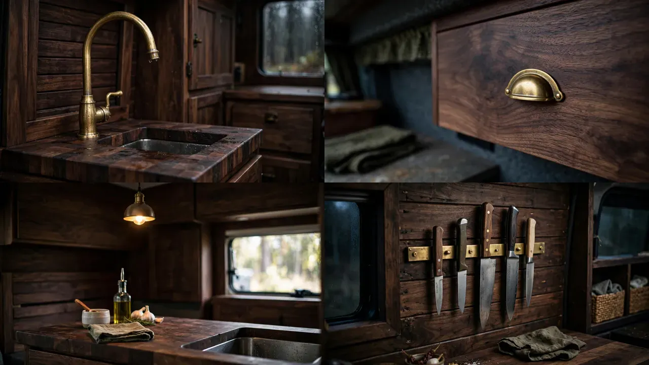Close-up details of brass faucet, walnut grain, pendant light and knife strip