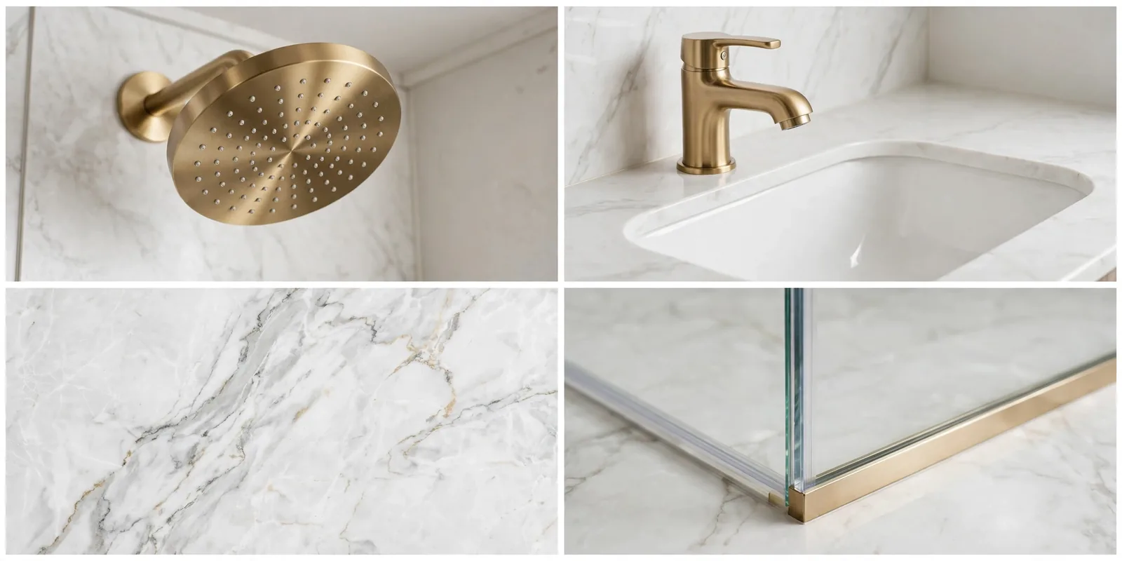 Detail collage: gold rain shower, gold faucet, marble veining, glass shower panel