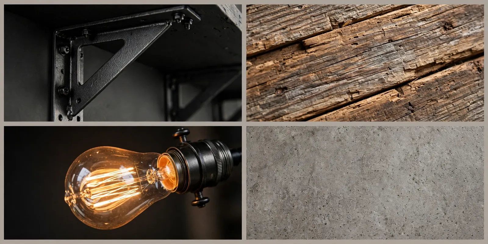 Four-panel detail collage showing a black steel shelf bracket, weathered reclaimed wood grain, a glowing Edison bulb in a dark socket, and a speckled concrete-look countertop texture.