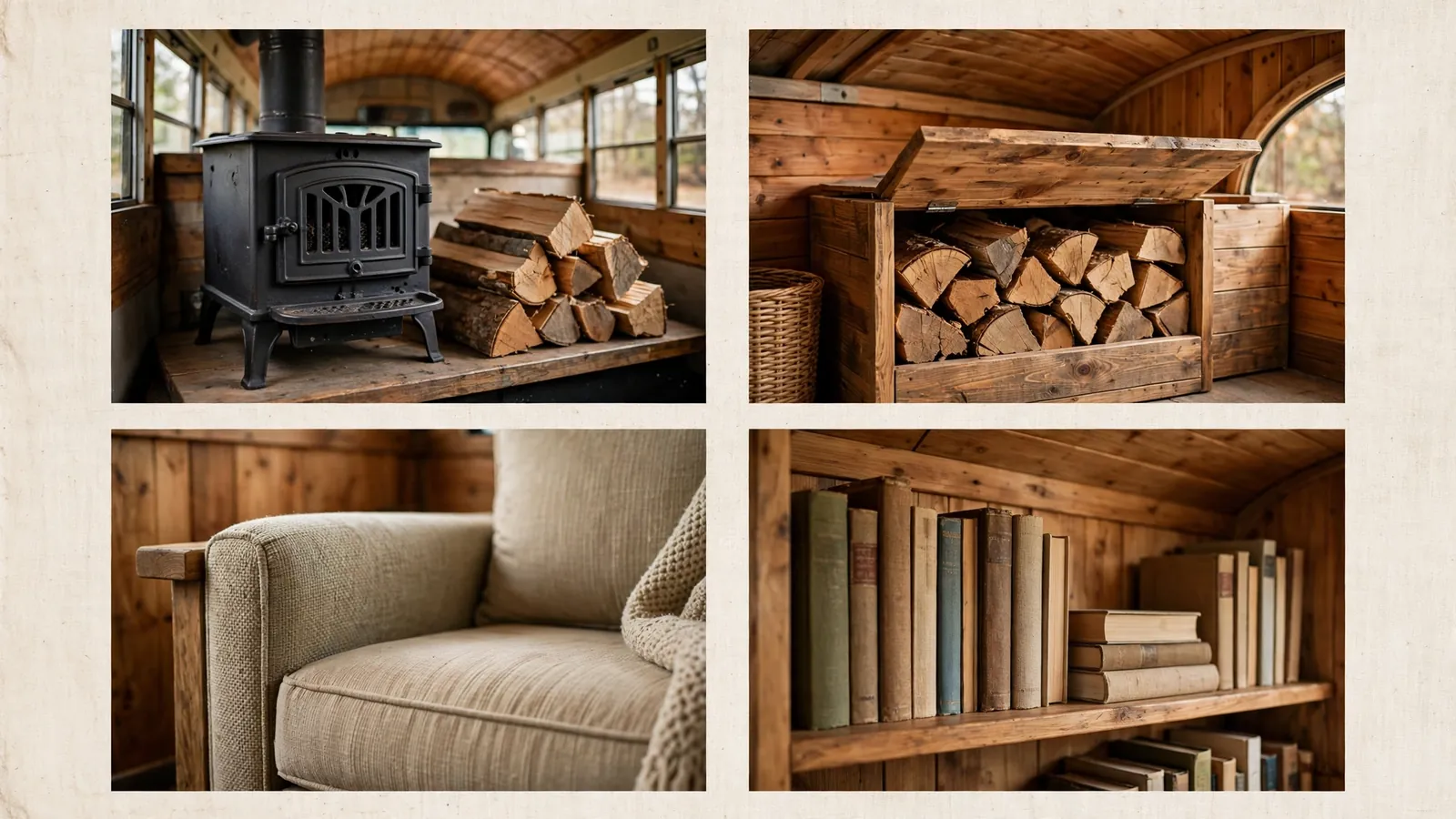 Living room details: wood stove, firewood box, armchair, bookshelf
