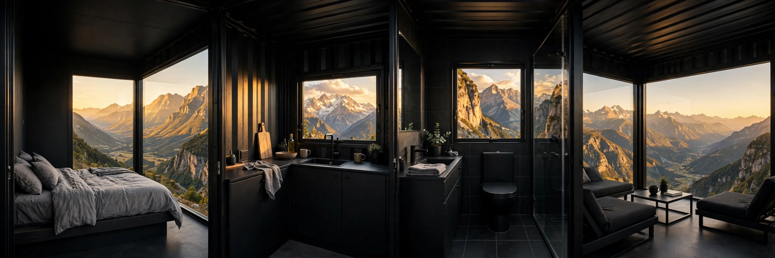 Interior collage of the cliffside cabin: glass-corner bedroom, peak-view kitchen, black bathroom, and living area behind floor-to-ceiling glass