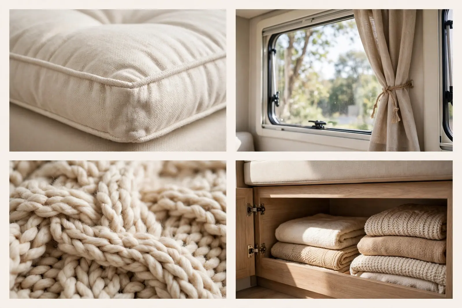 Four-panel collage showing bench cushion texture, window view detail, throw blanket close-up, and under-bench storage