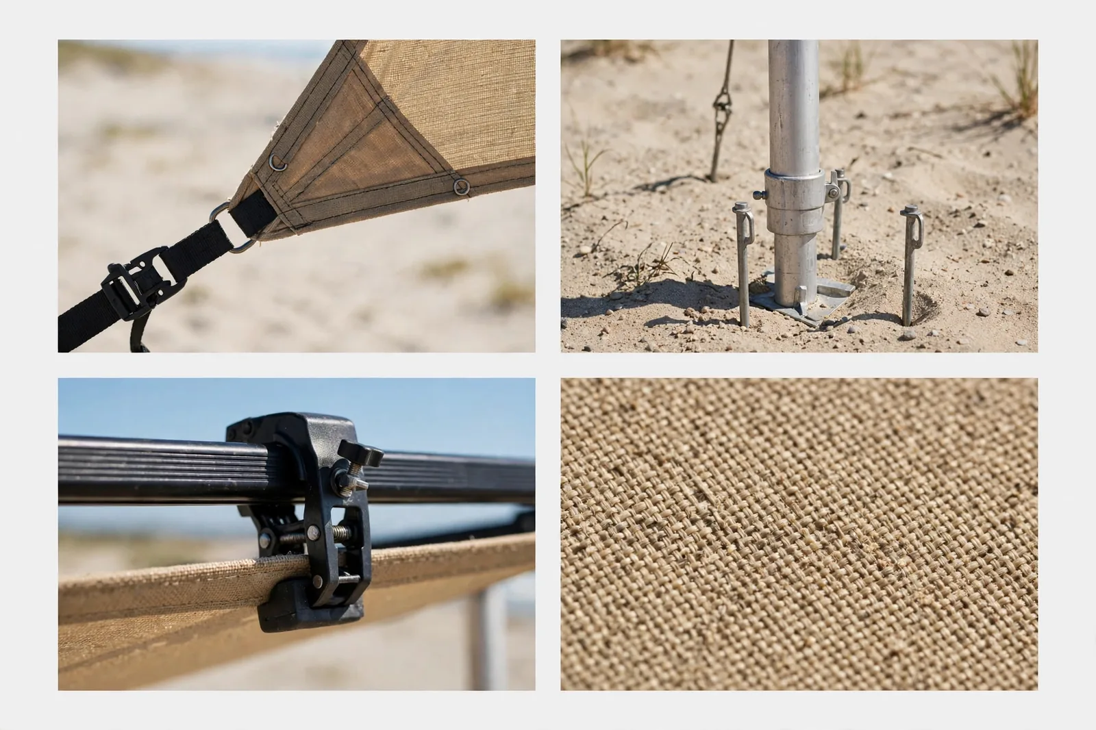 Four-panel collage: hanging privacy enclosure, wooden shower pallet, wall-mounted shower head, awning arm joint