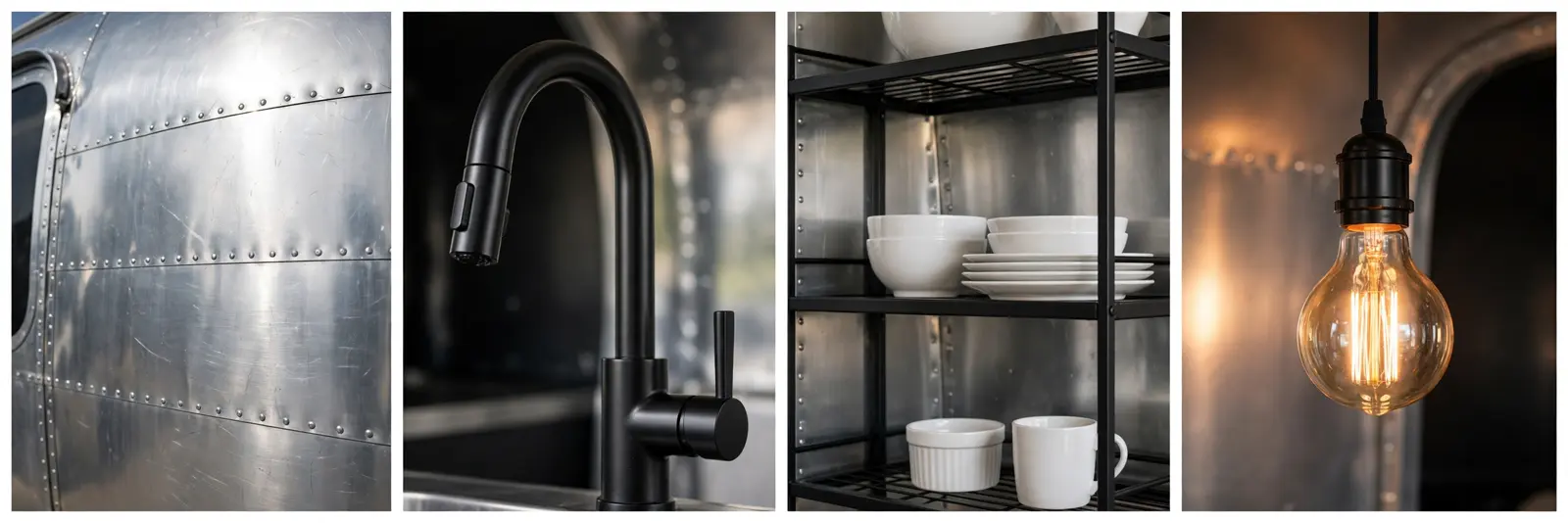 Four detail panels: riveted aluminum wall, matte black faucet, black open shelving with white dishware, Edison pendant