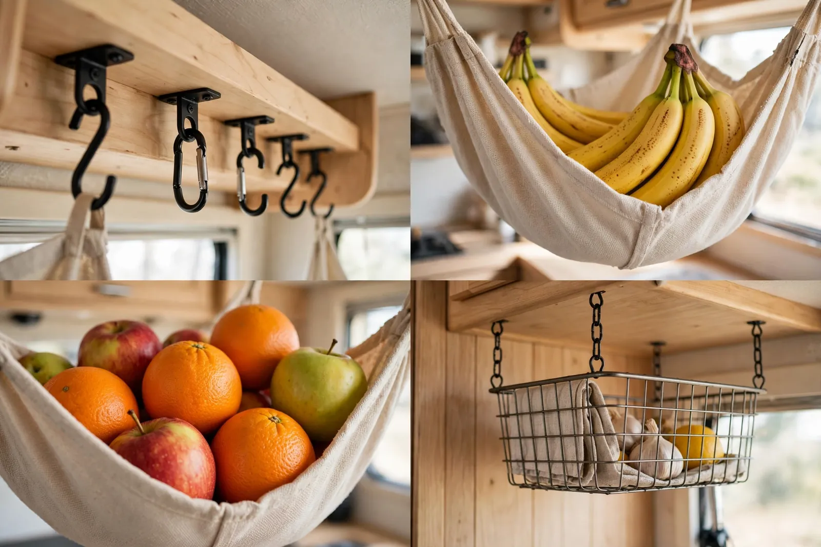 Detail collage: fruit hammock hooks, bananas in the hammock, oranges and apples, hanging wire basket