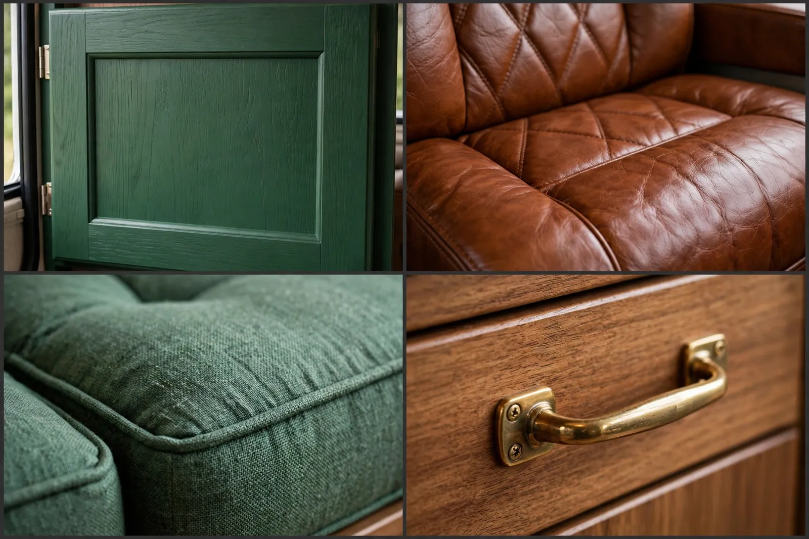 Forest green and cognac leather motorhome detail collage
