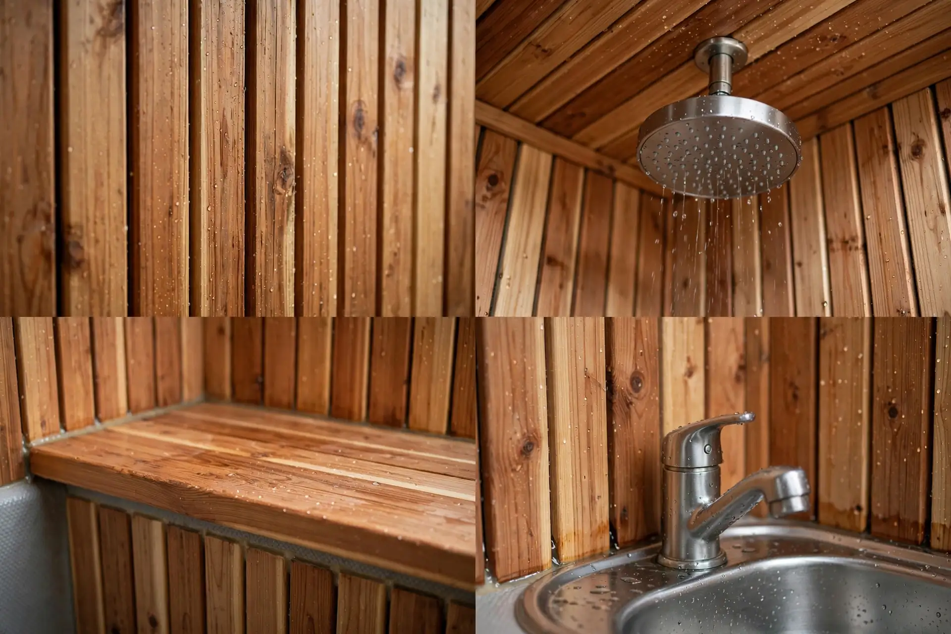 Close-up details of a cedar-lined camper van wet bath: cedar slat texture, rainfall shower head, bench ledge and faucet