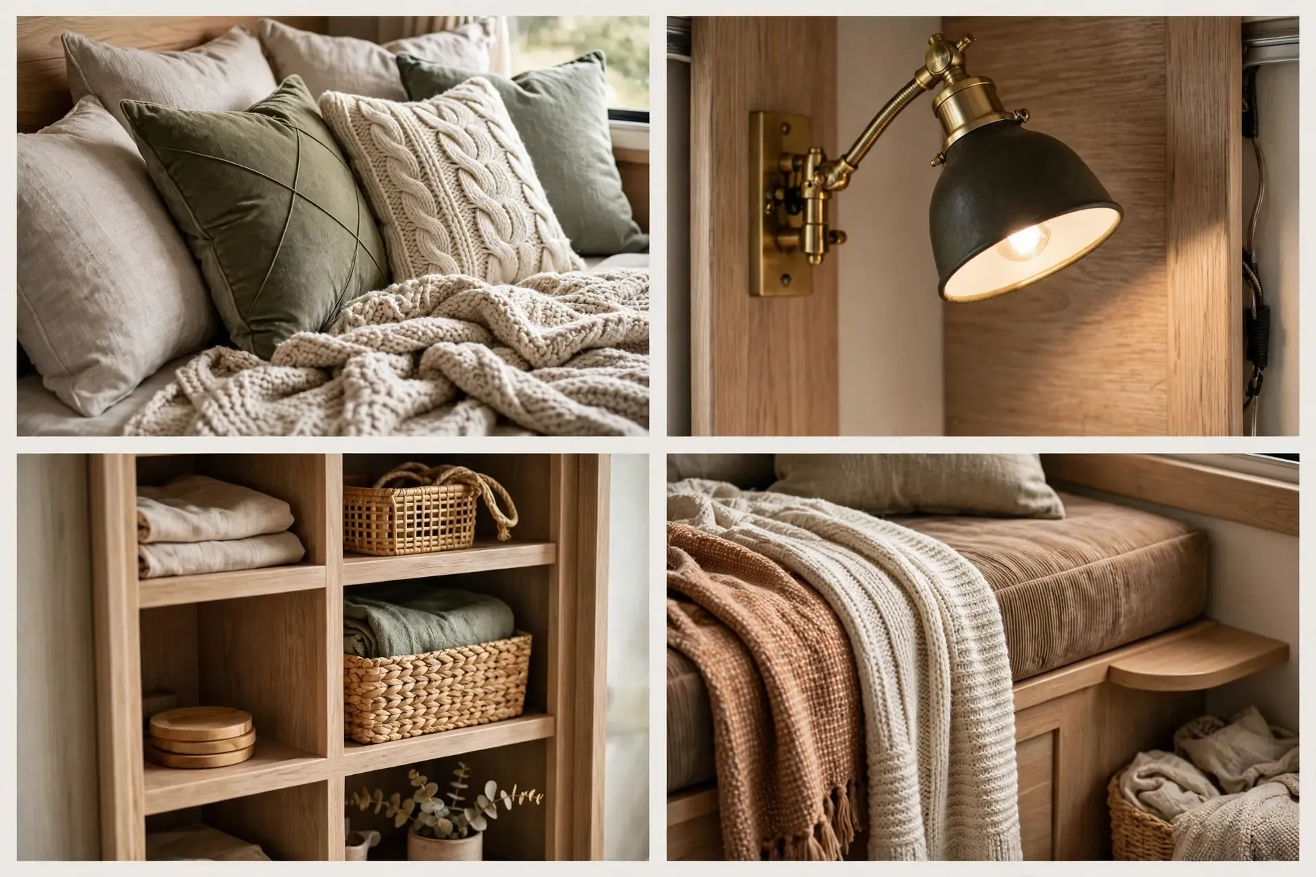 Close-up details of the RV corner daybed lounge: piled pillows, throw blanket texture, reading lamp and storage cubbies