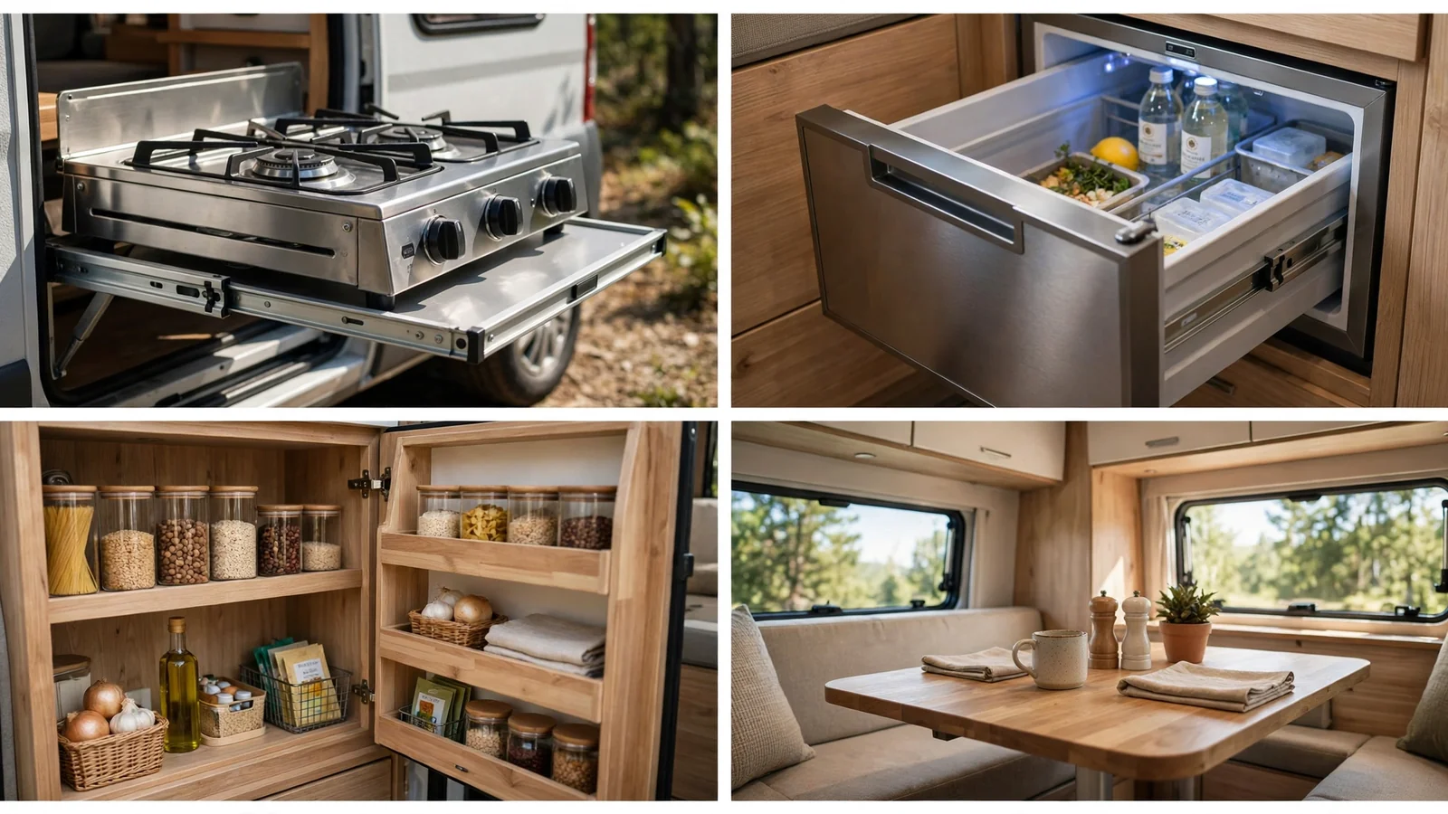 Four-panel detail collage of the Backcountry Kitchen Transit showing slide-out stove, fridge drawer, pantry and dining table
