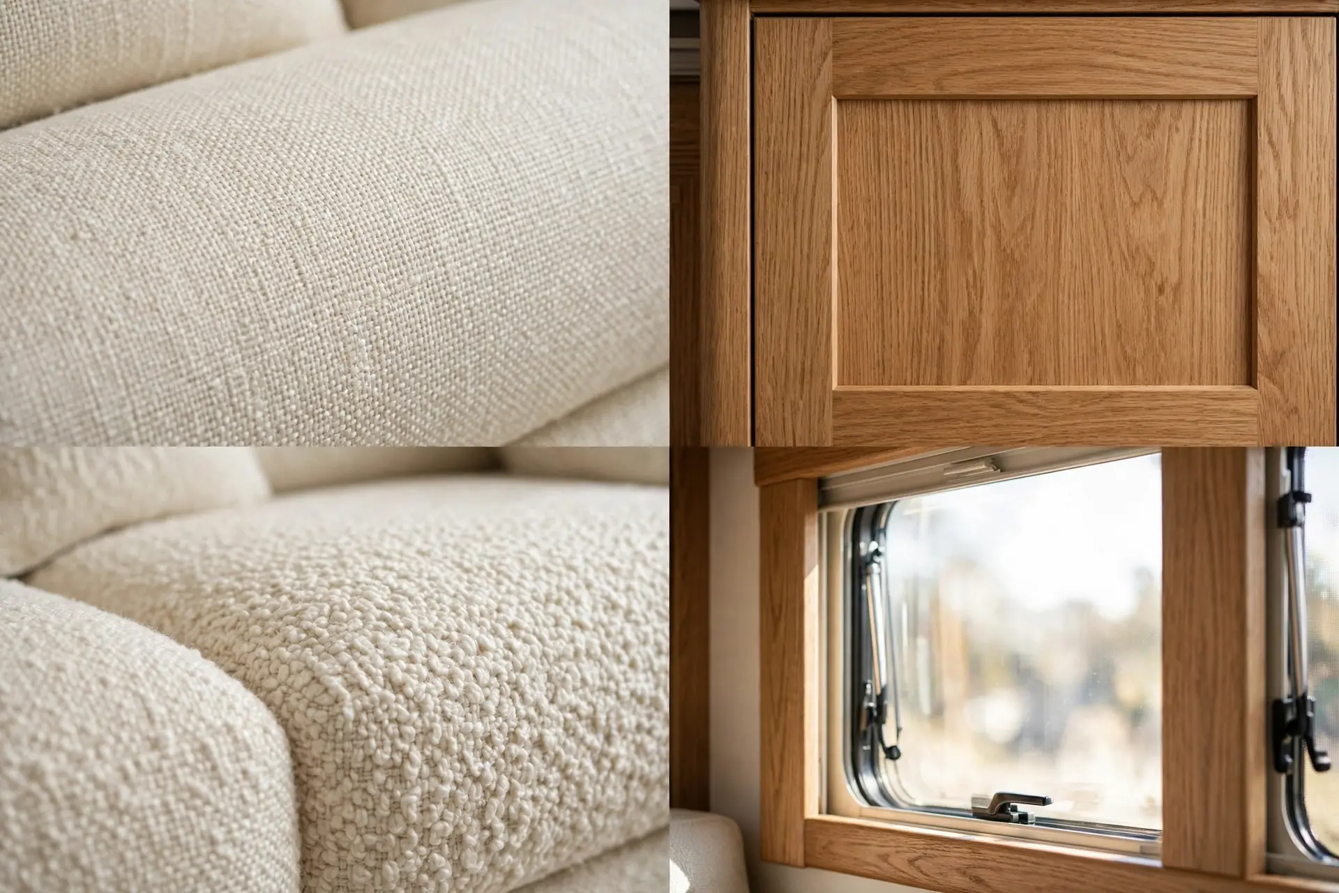 Detail collage of ivory sofa fabric, oak cabinetry, cushion texture and window daylight
